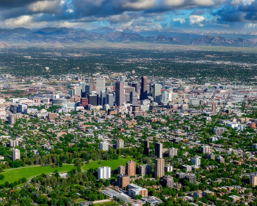 Aerial view of the Colorado Rockies and city of Denver