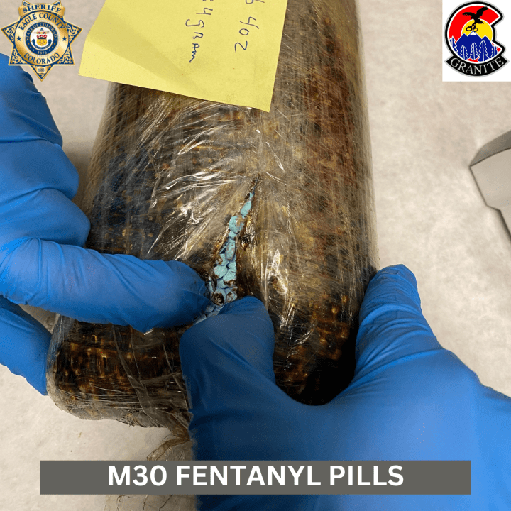 Thirteen pounds of M30 fentanyl pills were seized in a traffic stop on Interstate 70 near Gypsum