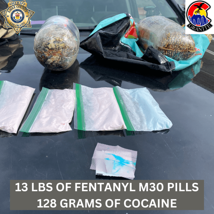 Thirteen pounds of fentanyl pills and 128 grams of cocaine were seized in a traffic stop in Interstate 70 near Gypsum