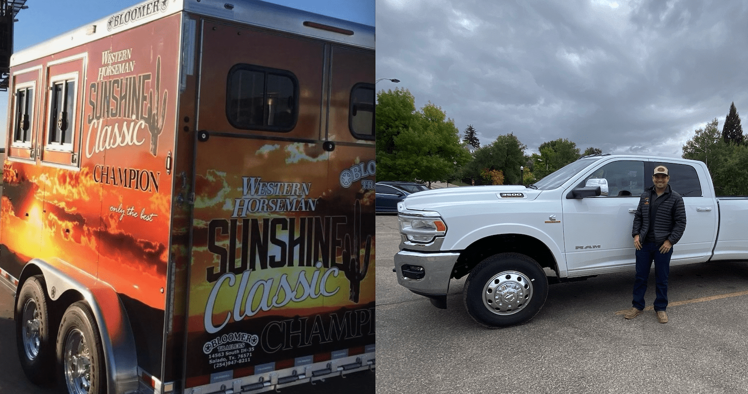 A composite of a horse trailer on the left and a man standing in front of a white pickup truck on the right