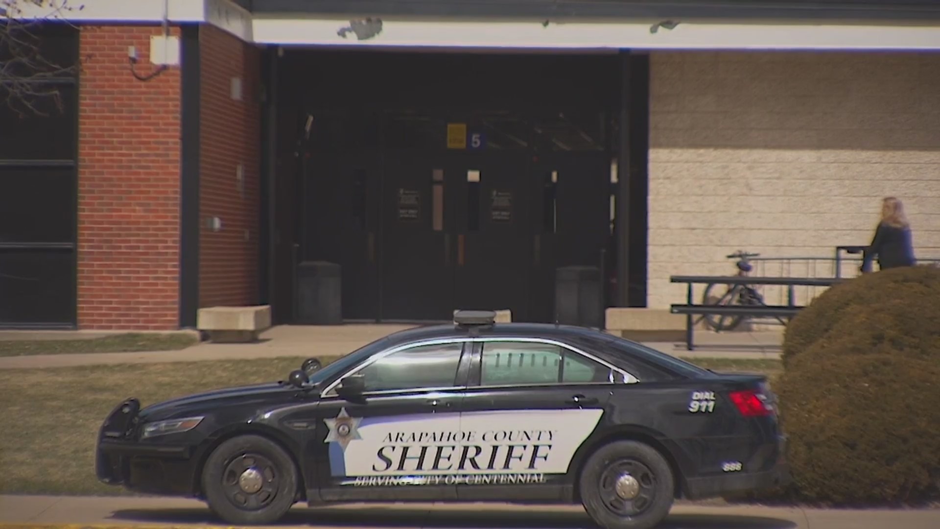 Arapahoe County Sheriff's vehicle outside a school.