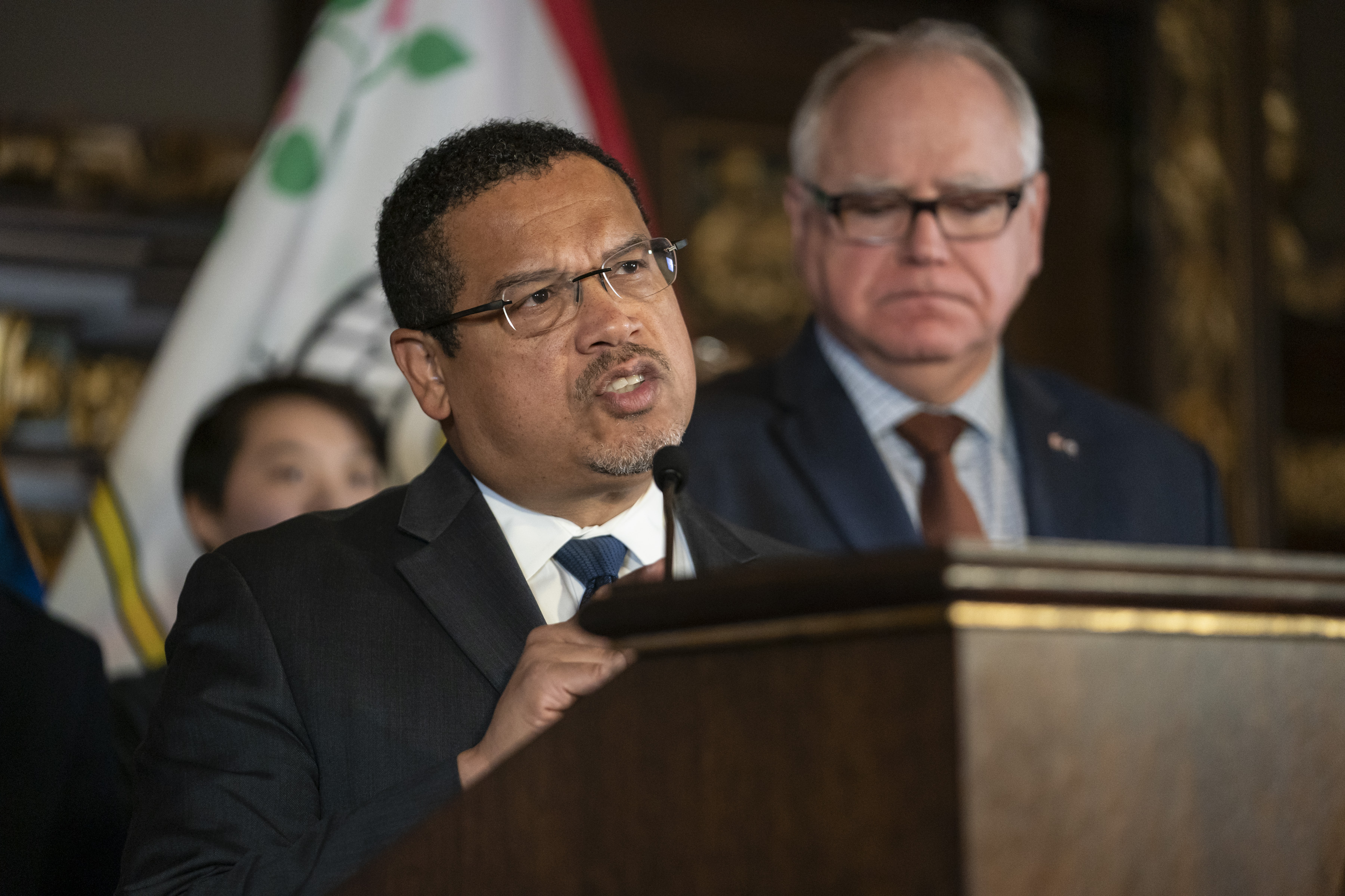 FILE - Minnesota Attorney General Keith Ellison speaks at a news conference at the State Capitol on Dec. 4, 2019, in St. Paul, Minn. Minnesota announced a settlement Monday, April 17, 2023 in its lawsuit against Juul Labs and tobacco giant Altria — the first of thousands of cases against the e-cigarette maker to reach trial — just ahead of closing arguments. (Renee Jones Schneider/Star Tribune via AP, File)