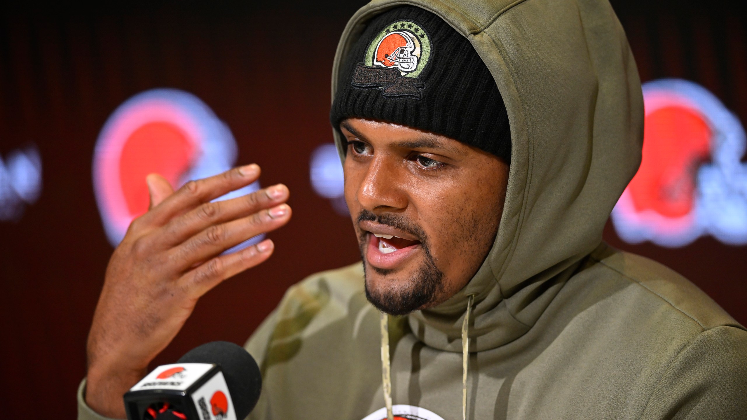 Cleveland Browns quarterback Deshaun Watson speaks with the media during an NFL football news conference at the team's practice facility in Berea, Ohio, Tuesday, April 18, 2023. (AP Photo/David Richard)