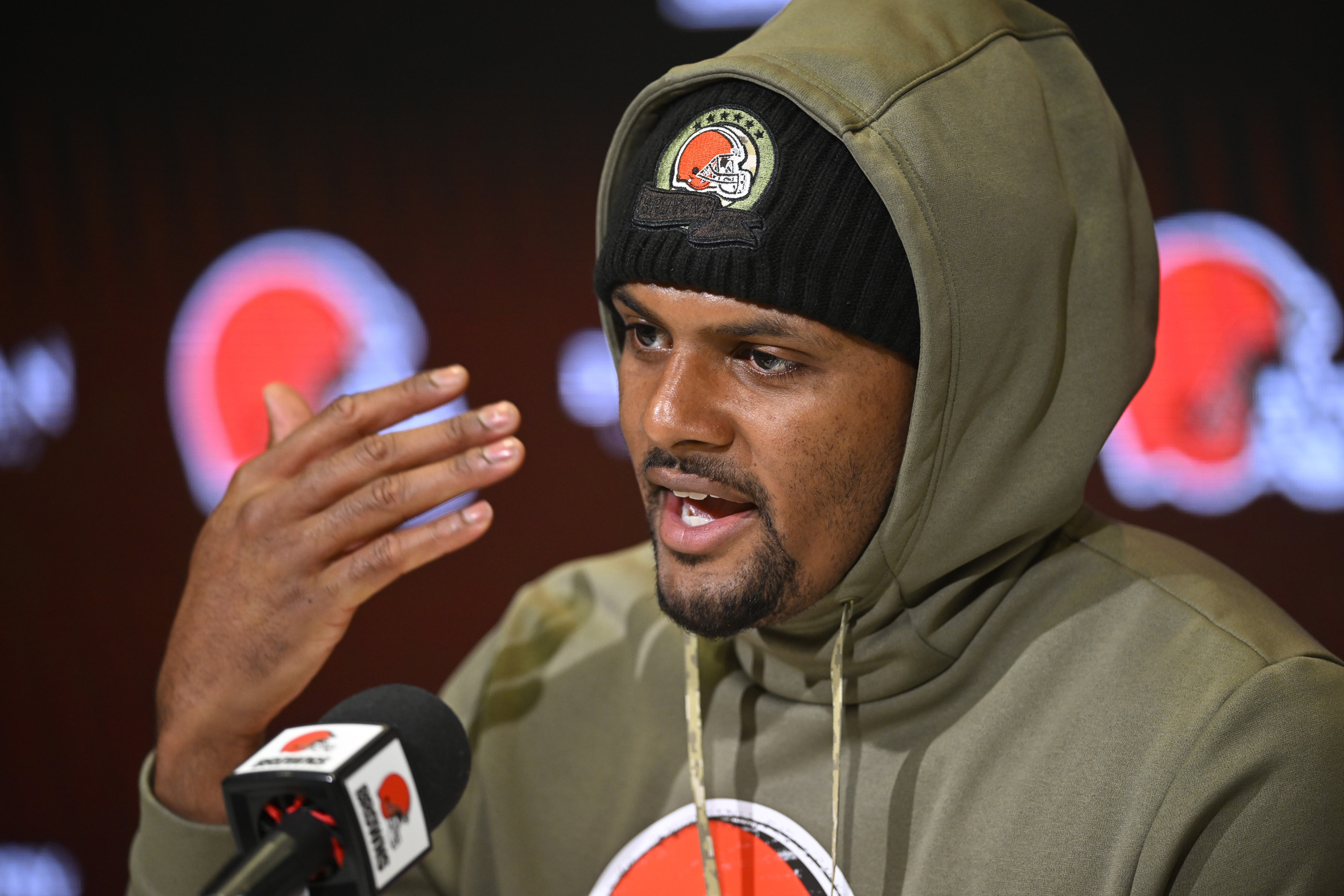 Cleveland Browns quarterback Deshaun Watson speaks with the media during an NFL football news conference at the team's practice facility in Berea, Ohio, Tuesday, April 18, 2023. (AP Photo/David Richard)