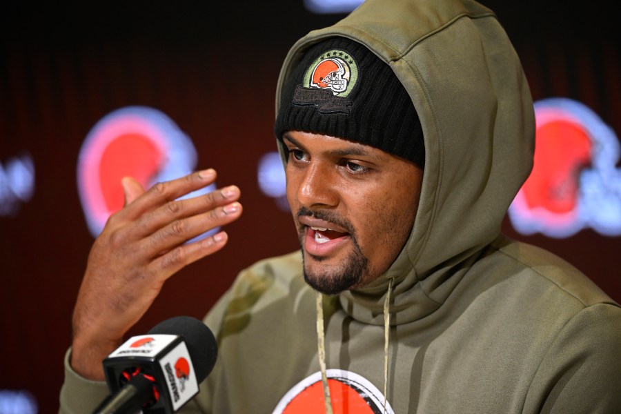 Cleveland Browns quarterback Deshaun Watson speaks with the media during an NFL football news conference at the team's practice facility in Berea, Ohio, Tuesday, April 18, 2023. (AP Photo/David Richard)