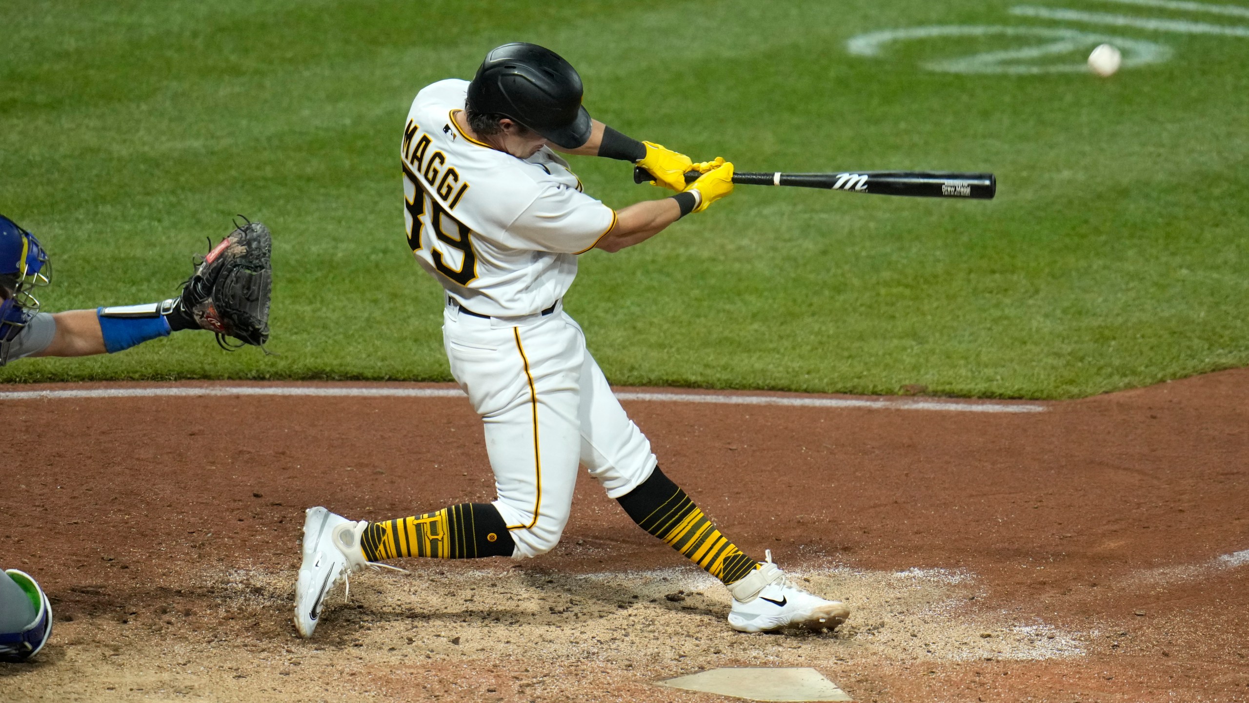 Making his major league debut, Pittsburgh Pirates' Drew Maggi (39) fouls off a pitch from Los Angeles Dodgers relief pitcher Alex Vesia during the eighth inning of a baseball game in Pittsburgh, Wednesday, April 26, 2023. Maggi struck out and the Pirates won 8-1. (AP Photo/Gene J. Puskar)