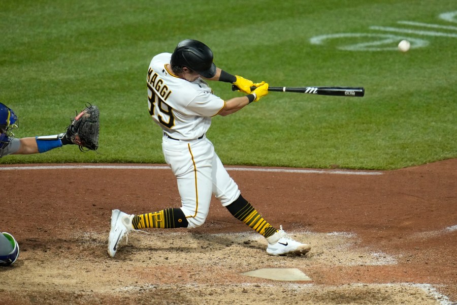 Making his major league debut, Pittsburgh Pirates' Drew Maggi (39) fouls off a pitch from Los Angeles Dodgers relief pitcher Alex Vesia during the eighth inning of a baseball game in Pittsburgh, Wednesday, April 26, 2023. Maggi struck out and the Pirates won 8-1. (AP Photo/Gene J. Puskar)