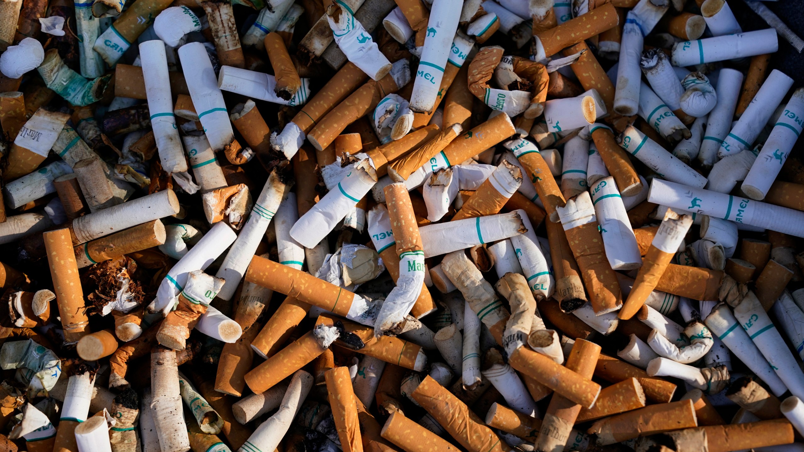 FILE - Cigarette butts fill a smoking receptacle outside a federal building in Washington, Thursday, April 15, 2021. According to government survey data released Thursday, April 27, 2023, U.S. adults are smoking less. Cigarette smoking dropped to another new all-time low in 2022, with 1 in 9 adults saying they were current smokers. Meanwhile, e-cigarette use rose, to about 1 in 17 adults. (AP Photo/J. Scott Applewhite, File)