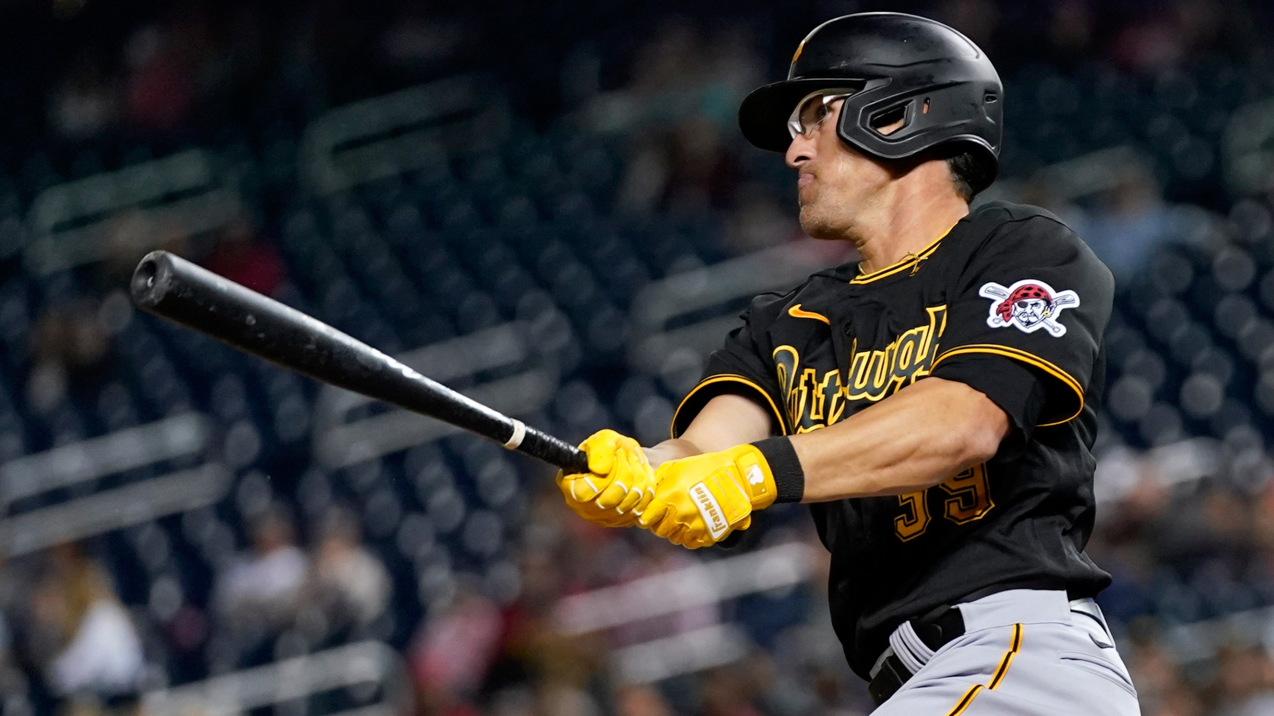 Pittsburgh Pirates' Drew Maggi doubles in the ninth inning of the second baseball game of a doubleheader against the Washington Nationals, Saturday, April 29, 2023, in Washington. (AP Photo/Patrick Semansky)