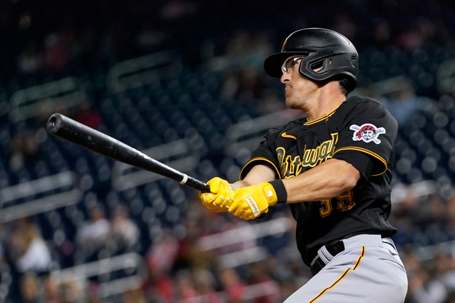 Pittsburgh Pirates' Drew Maggi doubles in the ninth inning of the second baseball game of a doubleheader against the Washington Nationals, Saturday, April 29, 2023, in Washington. (AP Photo/Patrick Semansky)