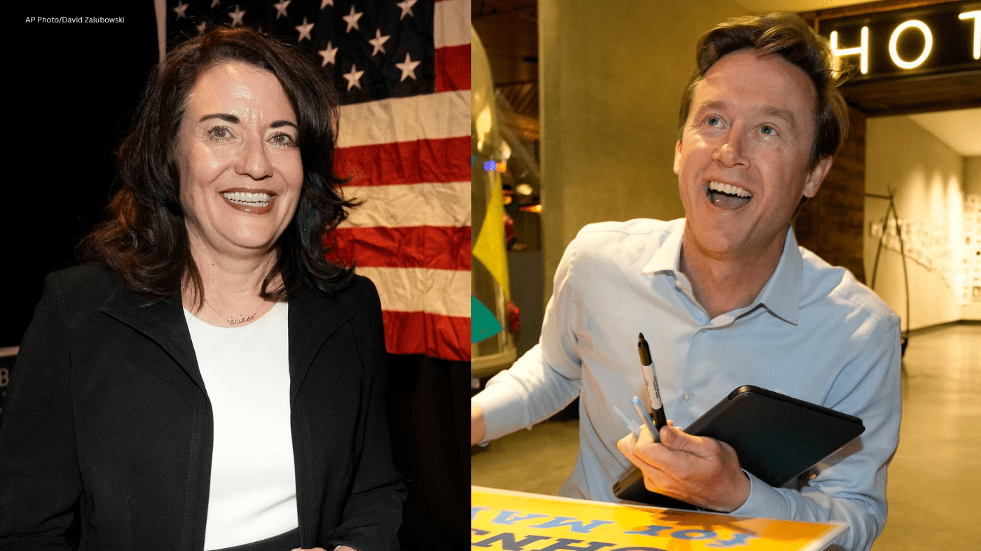 Side-by-side photos of Denver mayoral candidates Kelly Brough and Mike Johnston during election night