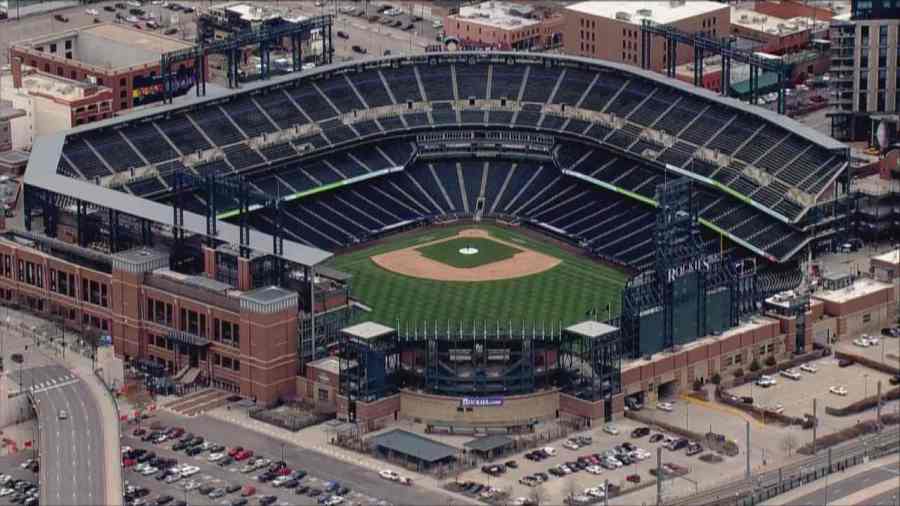 Coors Field as seen from SkyFOX on April 5, 2023