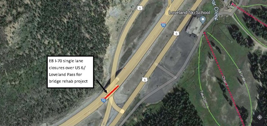 Map showing eastbound Interstate 70 single lane closures over US 6/Loveland Pass for bridge rehab project