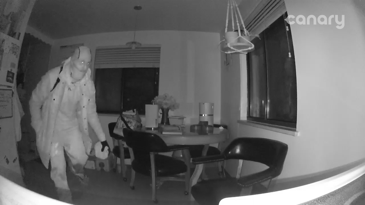 Screenshot of black-and-white surveillance video showing masked burglar moving through home