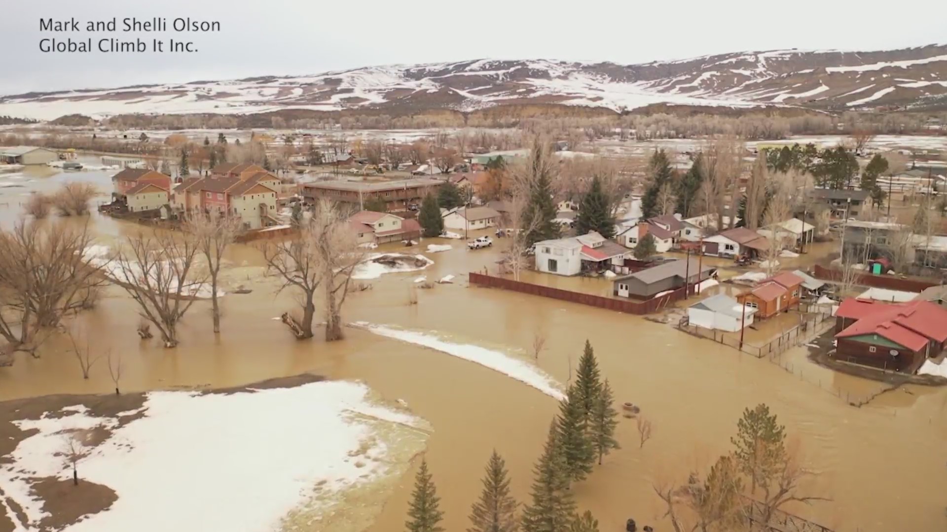 Drone video shows flooding in a town