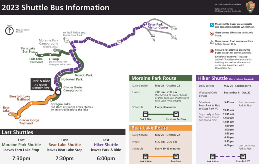 A map shows the routes of three shuttles available to visitors at the Rocky Mountain National Park in Colorado.