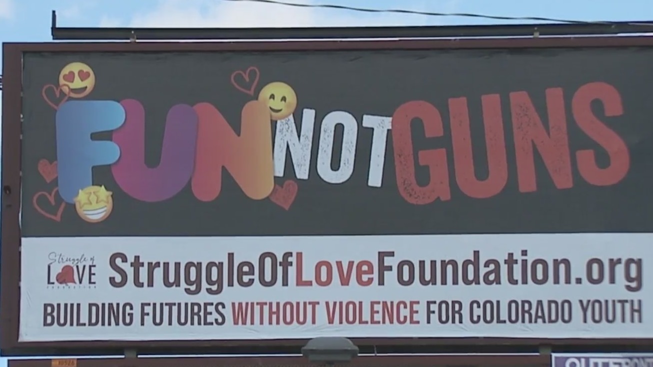 A billboard helped designed by Denver middle schoolers to counter gun violence.