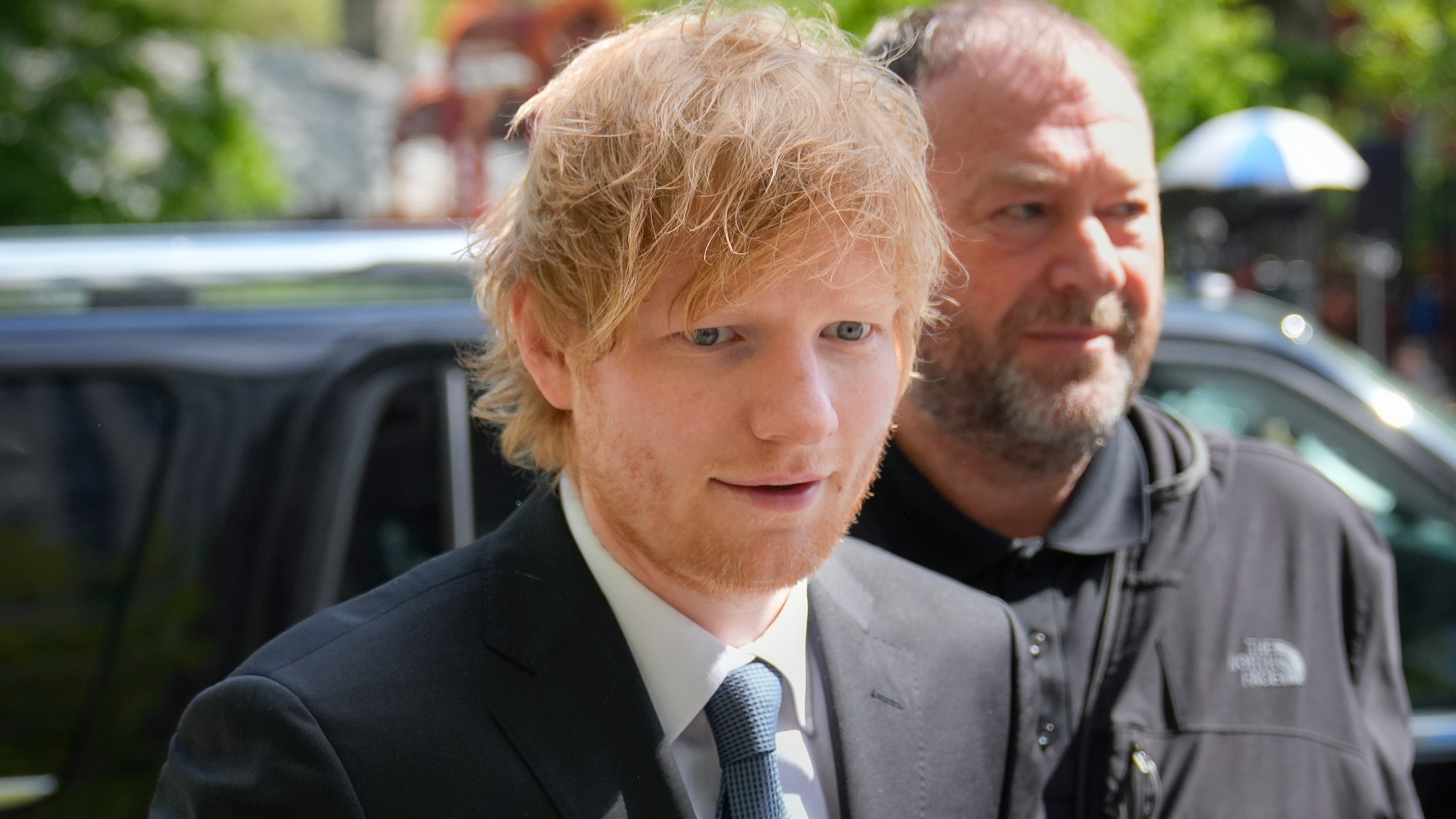 Recording artist Ed Sheeran arrives to New York Federal Court as proceedings continue in his copyright infringement trial, Monday, May 1, 2023, in New York. (AP Photo/John Minchillo)