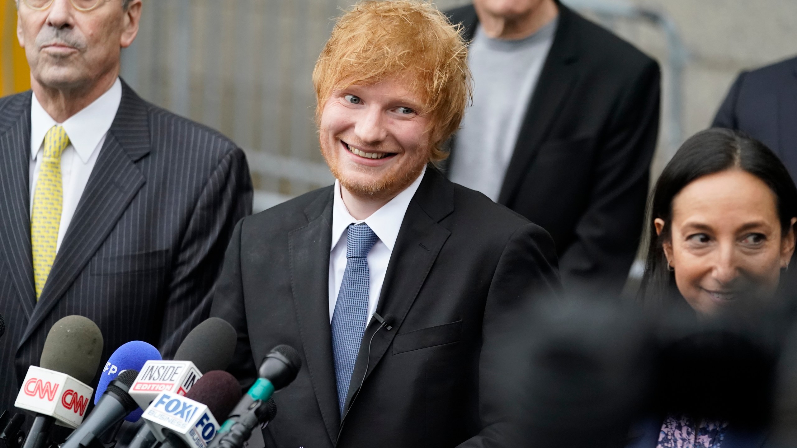 Recording artist Ed Sheeran prepares to speak to the media outside New York Federal Court after wining his copyright infringement trial, Thursday, May 4, 2023, in New York. A federal jury concluded that Sheeran didn't steal key components of Marvin Gaye’s classic 1970s tune “Let’s Get It On” when he created his hit song “Thinking Out Loud.” (AP Photo/John Minchillo)