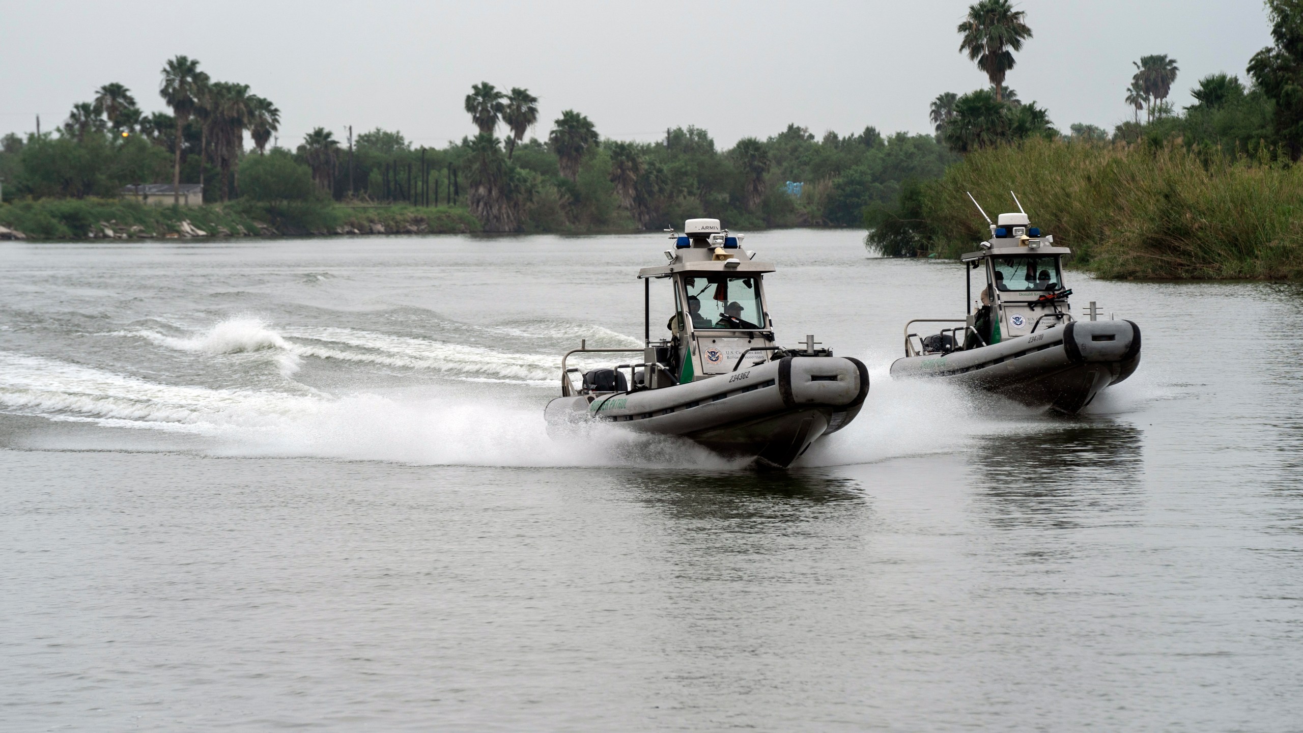 U.S. Border Patrol agents patrol the Rio Grande River in boats in Mission, Texas, Thursday, May 4, 2023. (AP Photo/Veronica G. Cardenas)