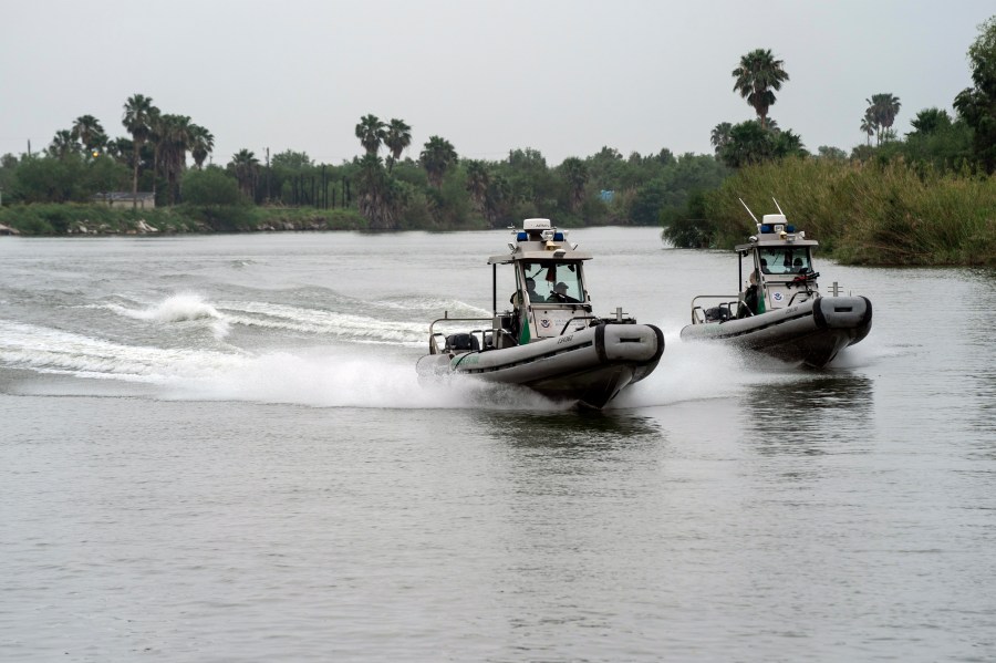 U.S. Border Patrol agents patrol the Rio Grande River in boats in Mission, Texas, Thursday, May 4, 2023. (AP Photo/Veronica G. Cardenas)