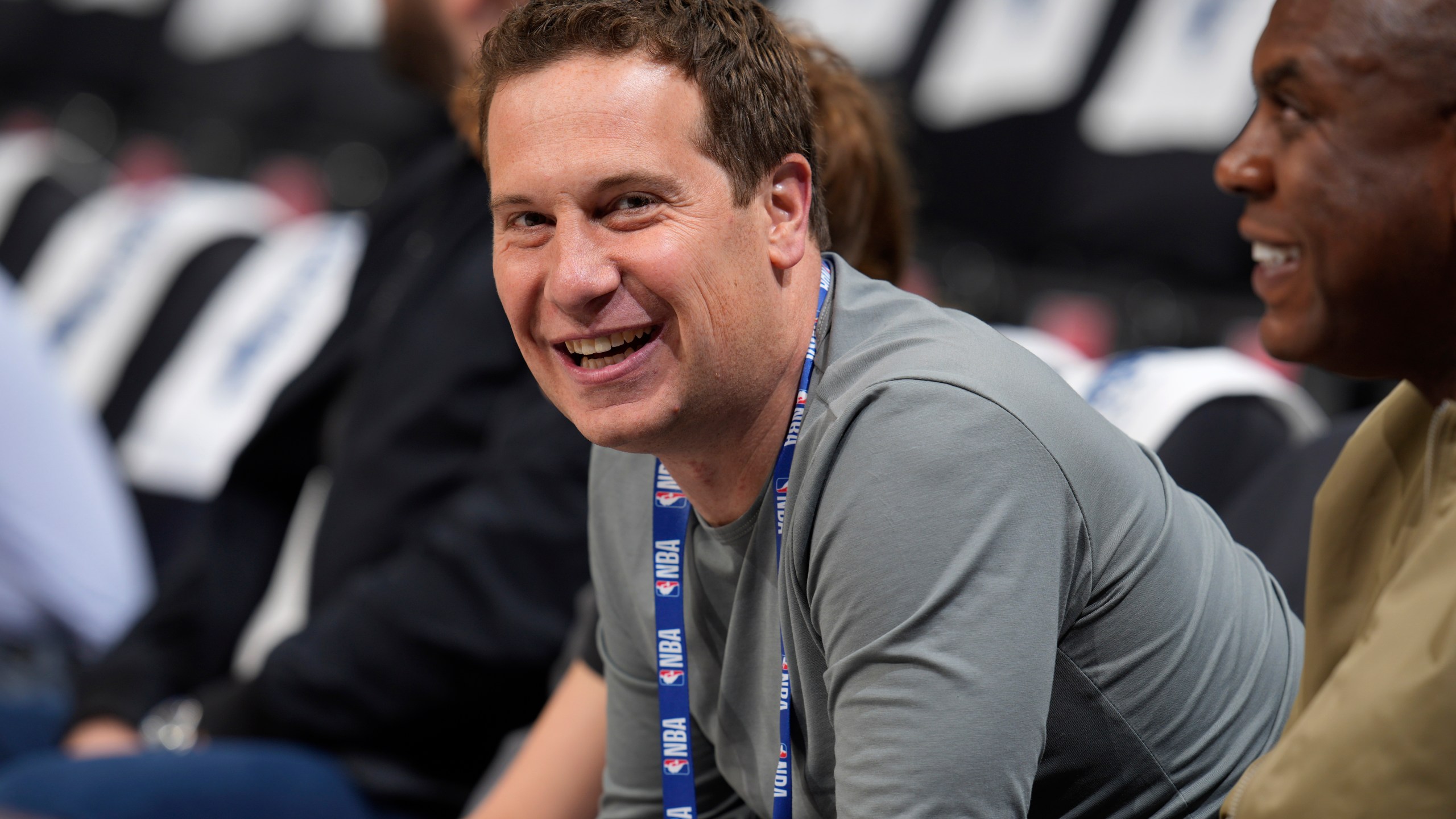 Phoenix Suns owner Mat Ishbia looks on as players warm up before Game 5 of an NBA basketball second-round playoff series against the Denver Nuggets Tuesday, May 9, 2023, in Denver. (AP Photo/David Zalubowski)