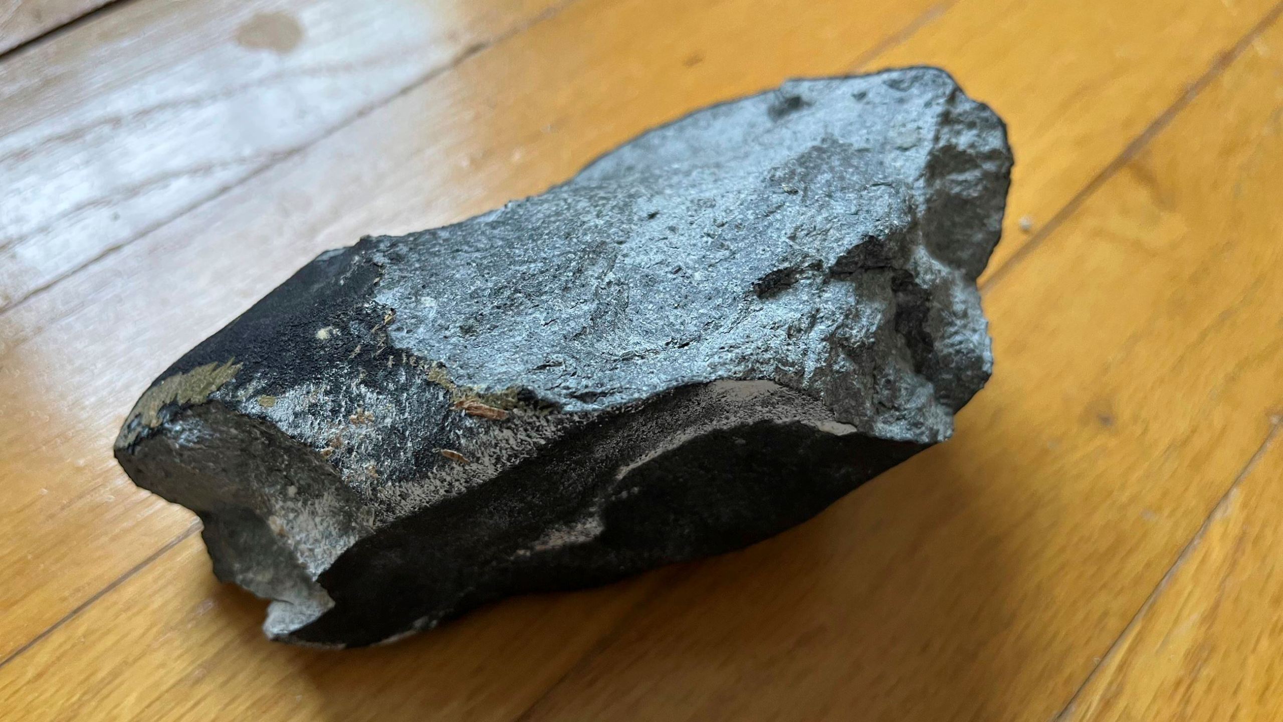 CAPTION ADDITION: CONFIRMED METEORITE: This image provided by Hopewell Township Police Department shows a confirmed meteorite on a hardwood floor at a residence in Hopewell Township, N.J. The meteorite punched a hole in the roof of the central New Jersey home, smashing into a hardwood floor and bouncing around a bedroom. The family who owns the home discovered the black, potato-sized rock in a corner — still warm. (Hopewell Township Police Department via AP)