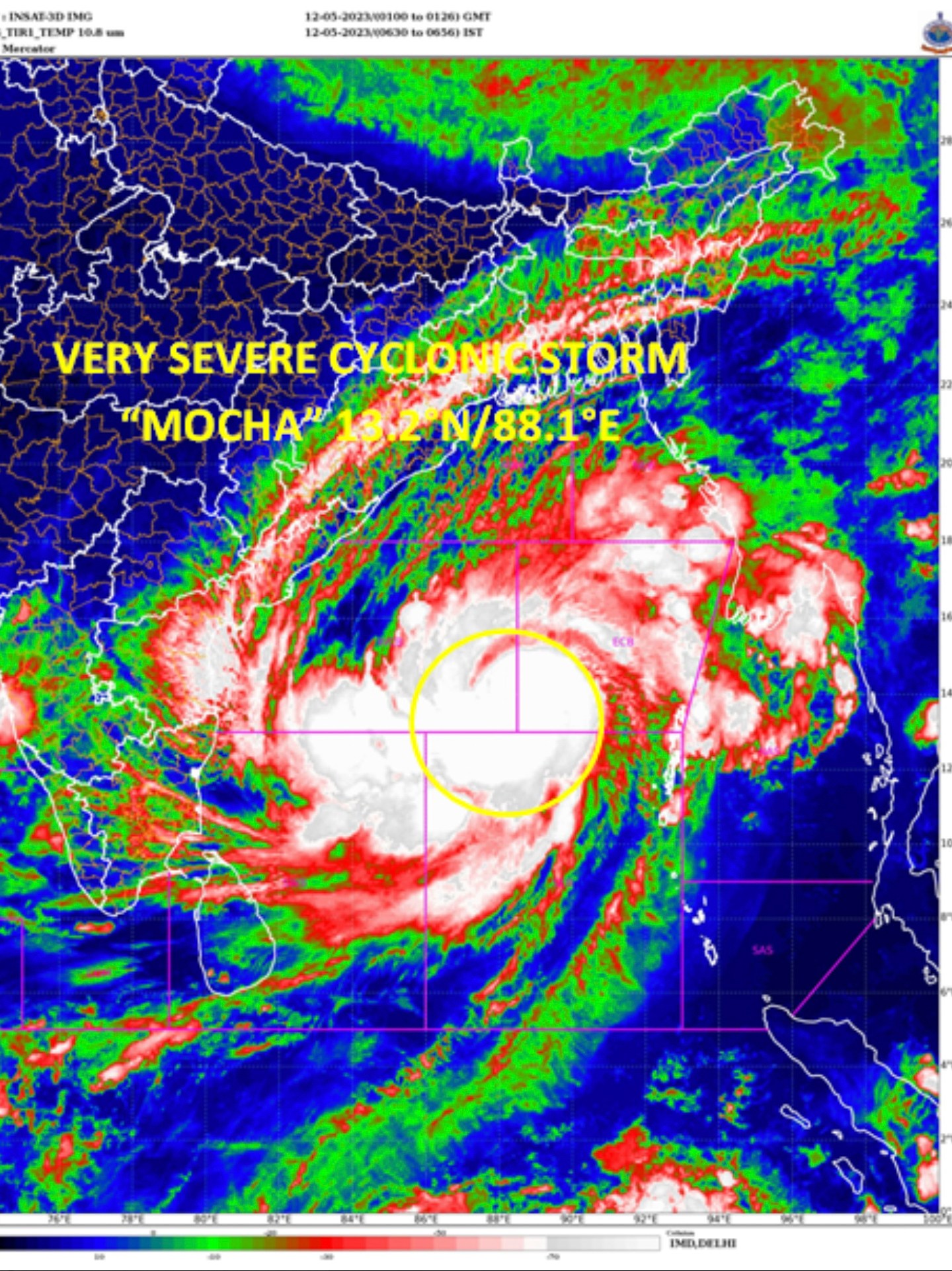 This satellite image provided by India Meteorological Department shows storm Mocha intensify into a very severe cyclonic storm. Authorities in Bangladesh and Myanmar prepared to evacuate hundreds of thousands of people Friday, warning them to stay away from coastal areas as a severe cyclonic storm churned in the Bay of Bengal. The storm is expected to roar in on Sunday with a wind speed of up to 160 kilometers per hour (100 miles per hour), gusting to 175 kph (110 mph) between Cox’s Bazar in Bangladesh and Kyaukpyu in Myanmar, India's Meteorological Department said. (India Meteorological Department via AP)