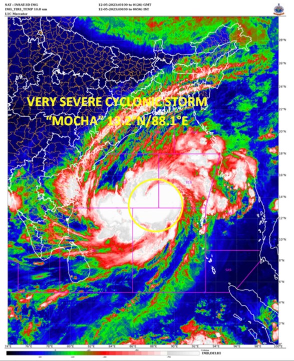 This satellite image provided by India Meteorological Department shows storm Mocha intensify into a very severe cyclonic storm. Authorities in Bangladesh and Myanmar prepared to evacuate hundreds of thousands of people Friday, warning them to stay away from coastal areas as a severe cyclonic storm churned in the Bay of Bengal. The storm is expected to roar in on Sunday with a wind speed of up to 160 kilometers per hour (100 miles per hour), gusting to 175 kph (110 mph) between Cox’s Bazar in Bangladesh and Kyaukpyu in Myanmar, India's Meteorological Department said. (India Meteorological Department via AP)