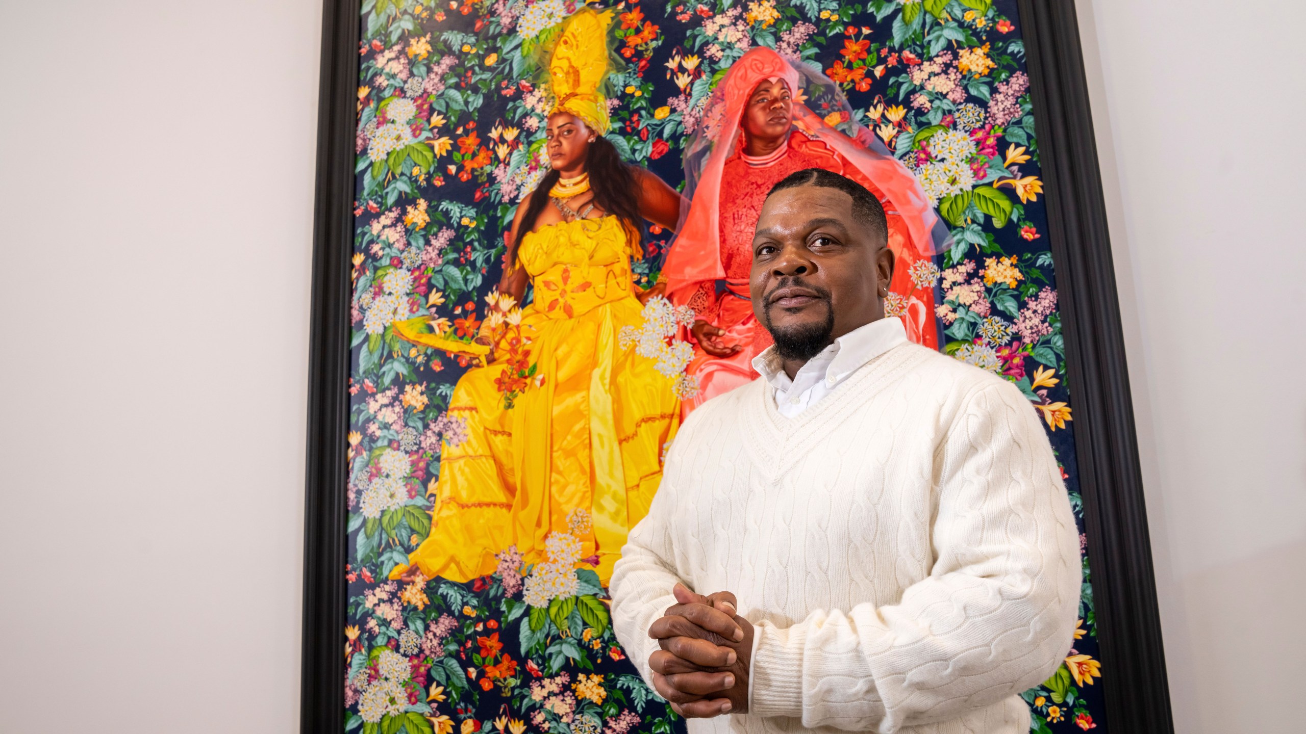 Kehinde Wiley poses for a portrait at Sean Kelly Gallery, Thursday, April 27, 2023, in New York. (Photo by Charles Sykes/Invision/AP)