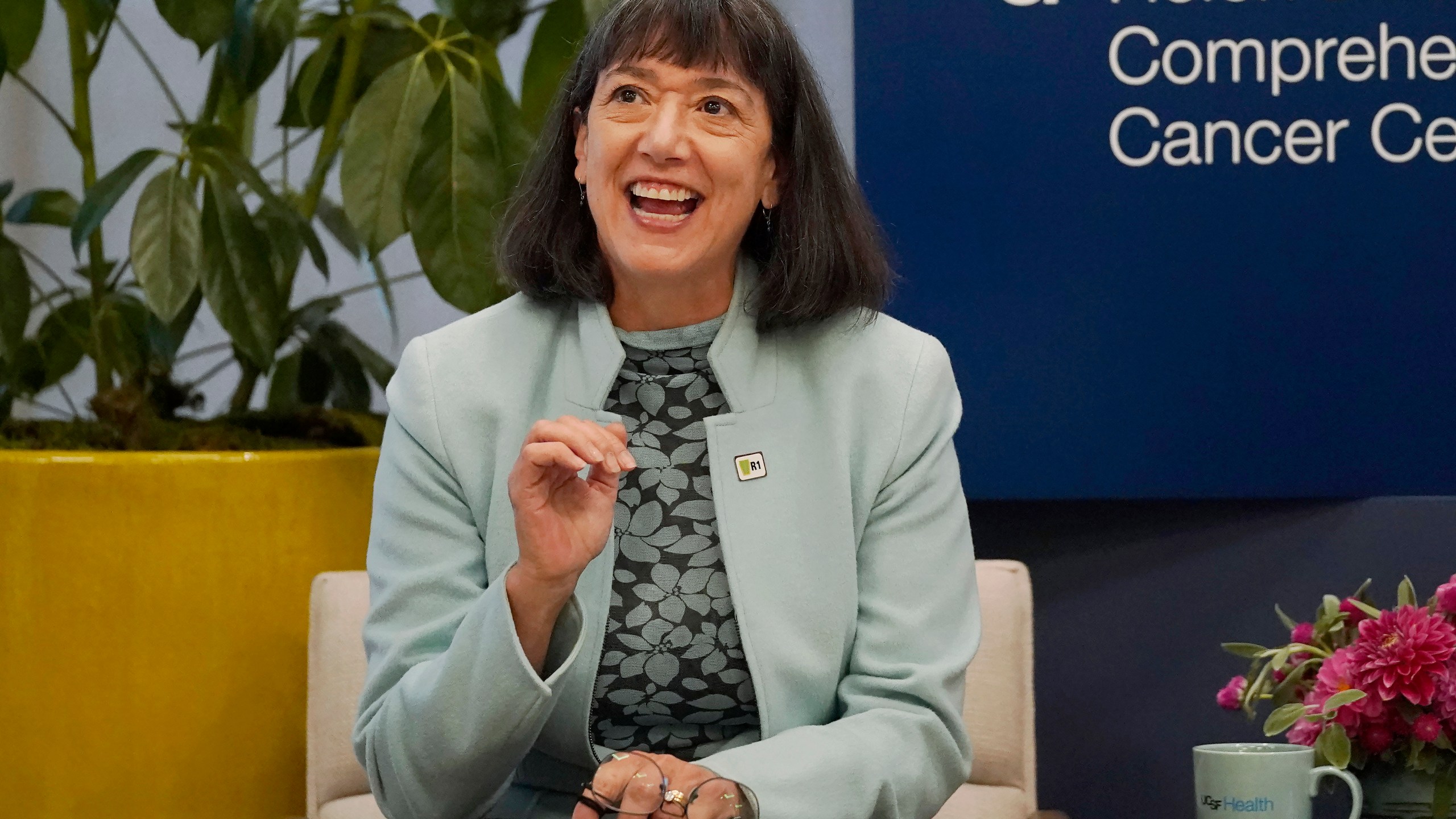 FILE - Dr. Monica Bertagnolli speaks at the University of California, San Francisco’s cancer center in San Francisco, Friday, Oct. 7, 2022. President Joe Biden announced on Monday, May 15, 2023, that he plans to nominate Bertagnolli, a cancer specialist, to become director of the National Institutes of Health. (AP Photo/Jeff Chiu, Pool, File)