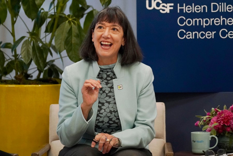 FILE - Dr. Monica Bertagnolli speaks at the University of California, San Francisco’s cancer center in San Francisco, Friday, Oct. 7, 2022. President Joe Biden announced on Monday, May 15, 2023, that he plans to nominate Bertagnolli, a cancer specialist, to become director of the National Institutes of Health. (AP Photo/Jeff Chiu, Pool, File)