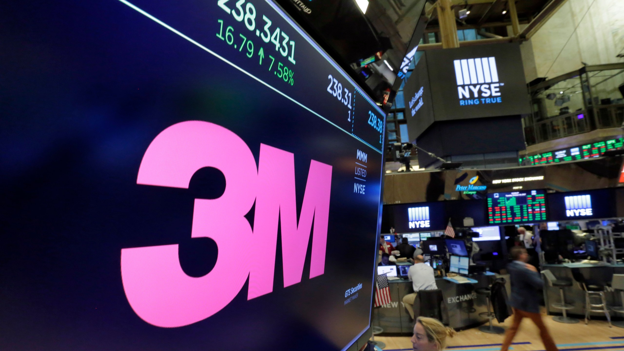 FILE - The logo for 3M appears on a screen above the trading floor of the New York Stock Exchange, Oct. 24, 2017. 3M has fired prominent company executive Michael Vale due to “inappropriate personal conduct and violation of company policy,” the maker of Post-it notes, industrial coatings and ceramics announced on Monday, May 15, 2023. (AP Photo/Richard Drew, File)