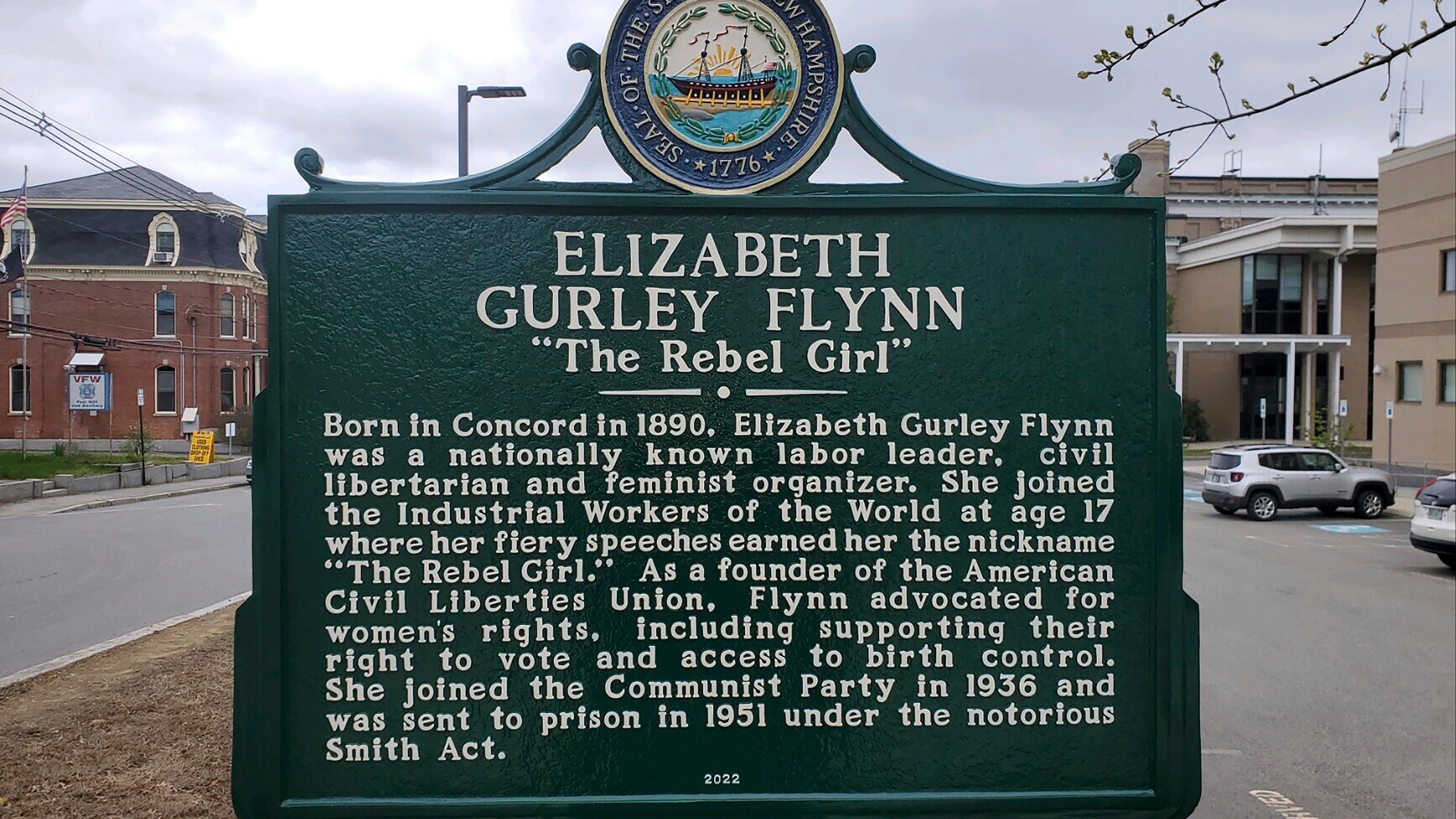 FILE - A historical marker dedicated to Elizabeth Gurley Flynn stands in Concord, N.H., Friday, May 5, 2023. The historical marker dedicated to the feminist and labor activist in New Hampshire, who also led the Communist Party, was removed Monday, May 15, just two weeks after it was unveiled. (AP Photo/Kathy McCormack, File)