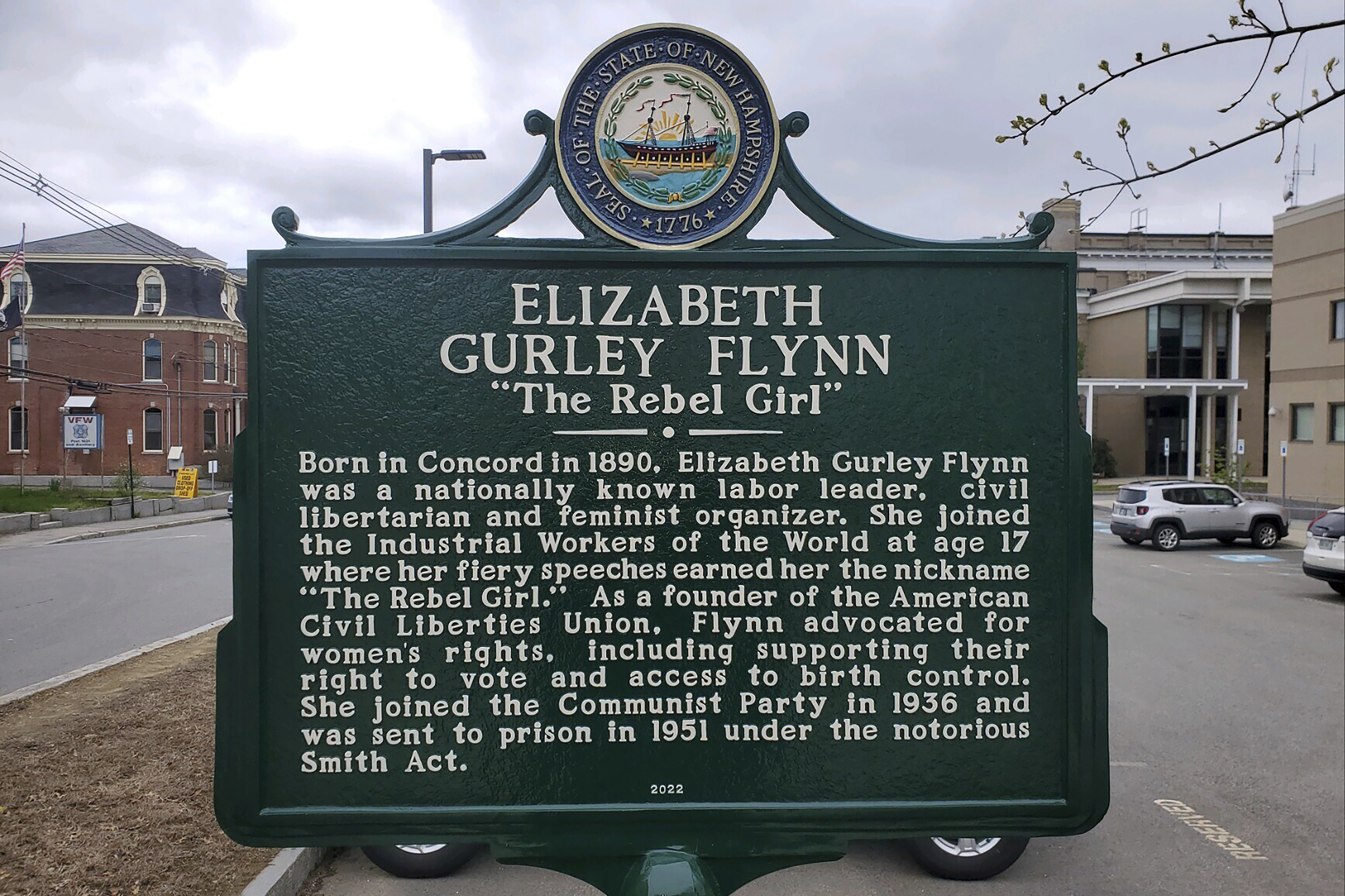 FILE - A historical marker dedicated to Elizabeth Gurley Flynn stands in Concord, N.H., Friday, May 5, 2023. The historical marker dedicated to the feminist and labor activist in New Hampshire, who also led the Communist Party, was removed Monday, May 15, just two weeks after it was unveiled. (AP Photo/Kathy McCormack, File)