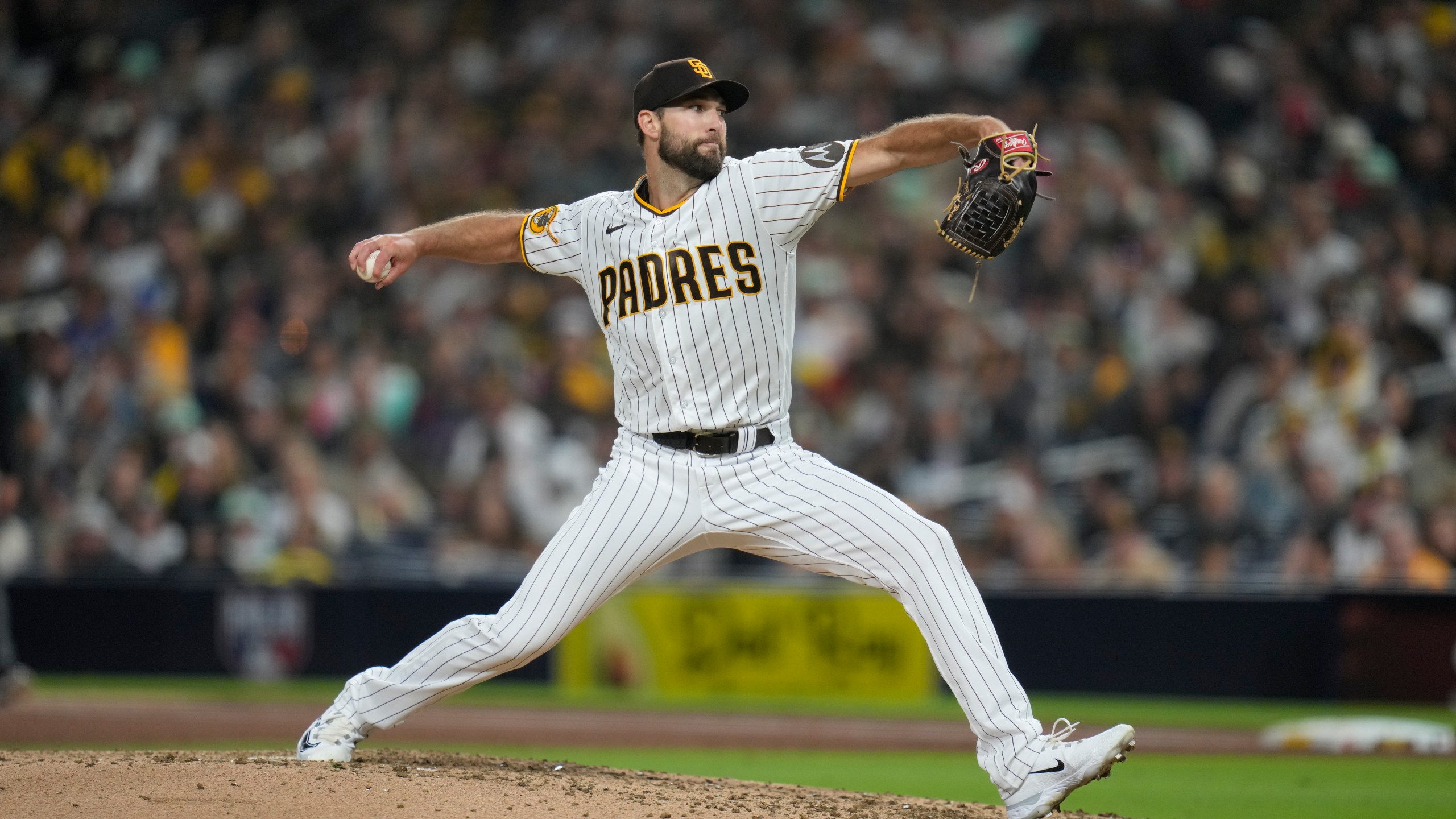 San Diego Padres starting pitcher Michael Wacha works against a Kansas City Royals better during the fifth inning of a baseball game Monday, May 15, 2023, in San Diego. (AP Photo/Gregory Bull)