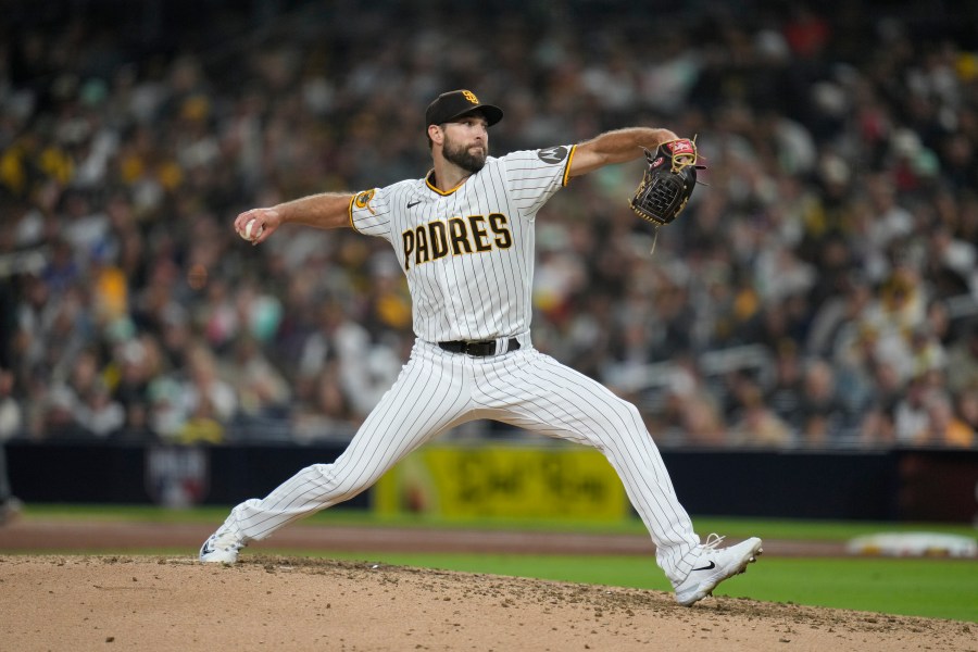 San Diego Padres starting pitcher Michael Wacha works against a Kansas City Royals better during the fifth inning of a baseball game Monday, May 15, 2023, in San Diego. (AP Photo/Gregory Bull)