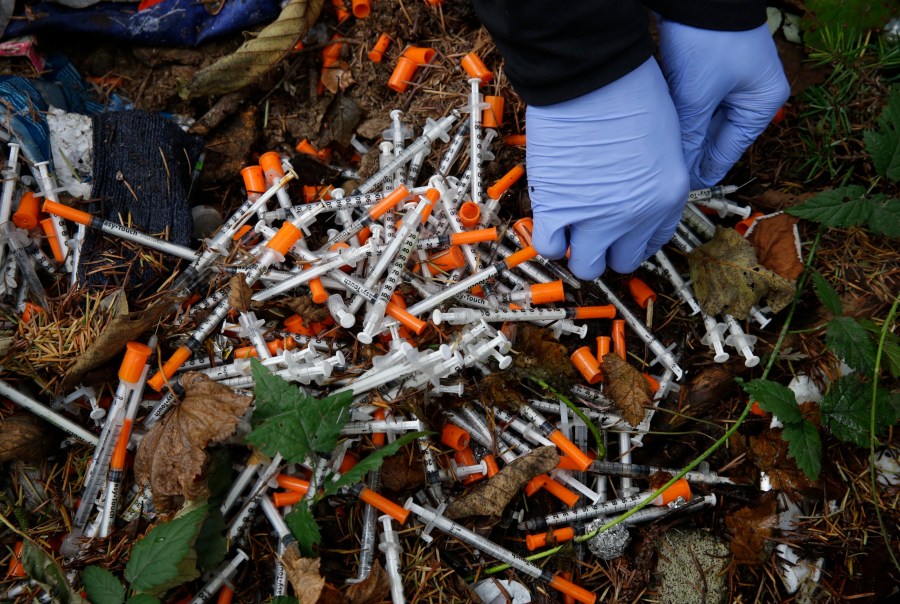 FILE - A volunteer cleans up needles used for drug injection that were found at a homeless encampment in Everett, Wash., Nov. 8, 2017. (AP Photo/Ted S. Warren, File)