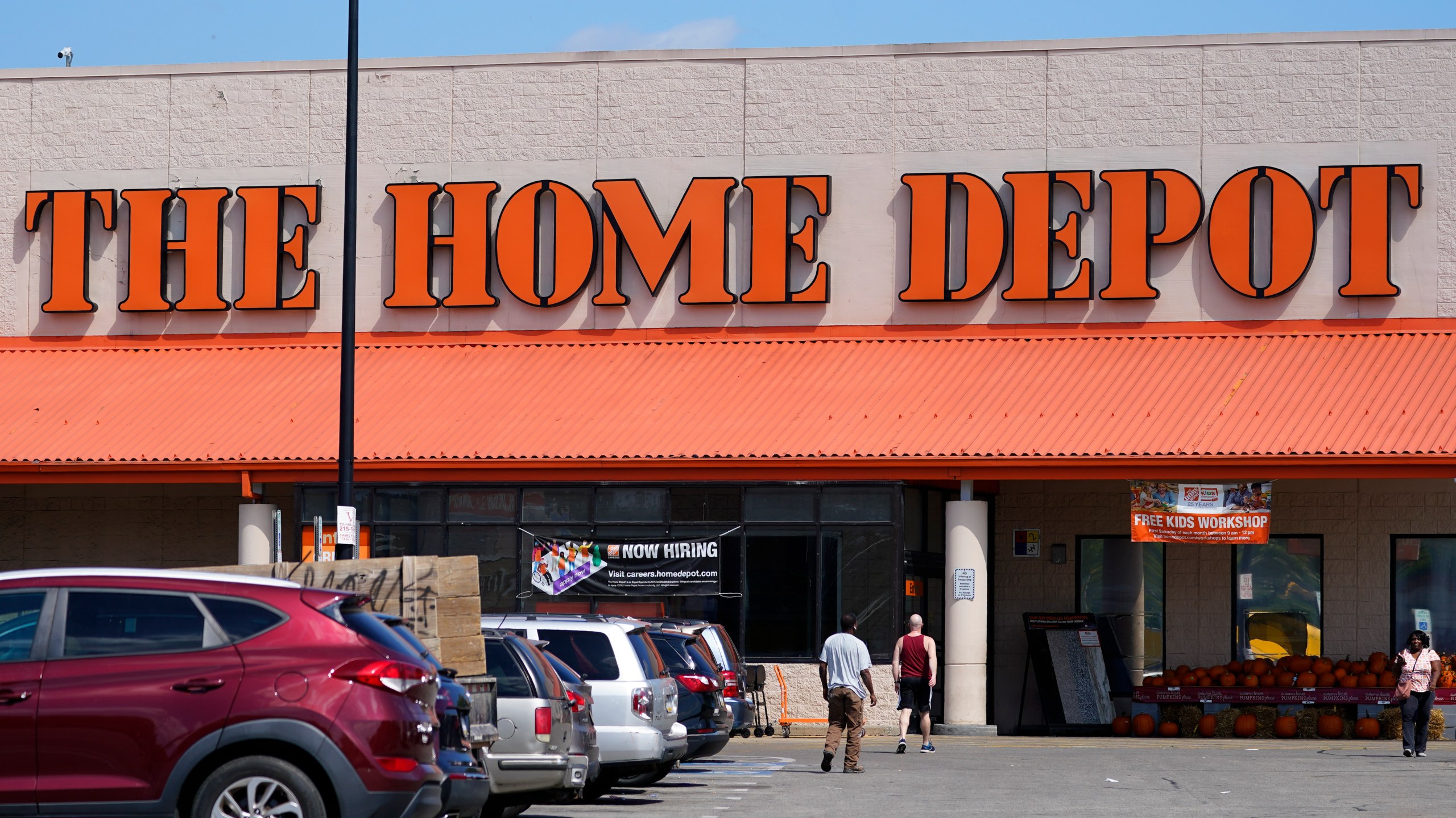 FILE - Cars are parked at a Home Depot in Philadelphia, on Sept. 21, 2022. After years of explosive growth during the pandemic, Home Depot's revenue during the first quarter fell short of expectations and the company cut its profit and sales outlook for the year, sending shares skidding before the opening bell Tuesday May 16, 2023. (AP Photo/Matt Rourke, File)