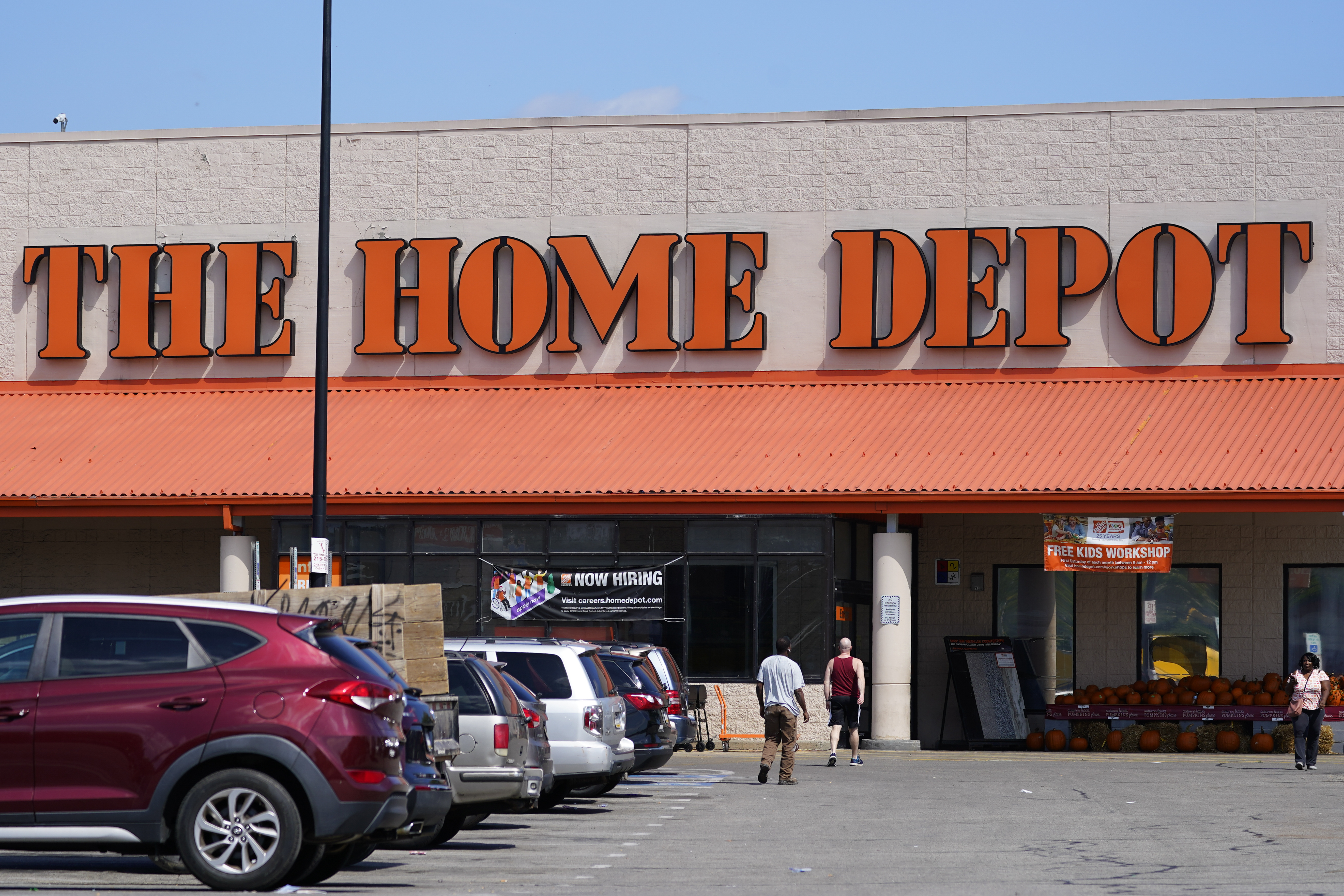 FILE - Cars are parked at a Home Depot in Philadelphia, on Sept. 21, 2022. After years of explosive growth during the pandemic, Home Depot's revenue during the first quarter fell short of expectations and the company cut its profit and sales outlook for the year, sending shares skidding before the opening bell Tuesday May 16, 2023. (AP Photo/Matt Rourke, File)