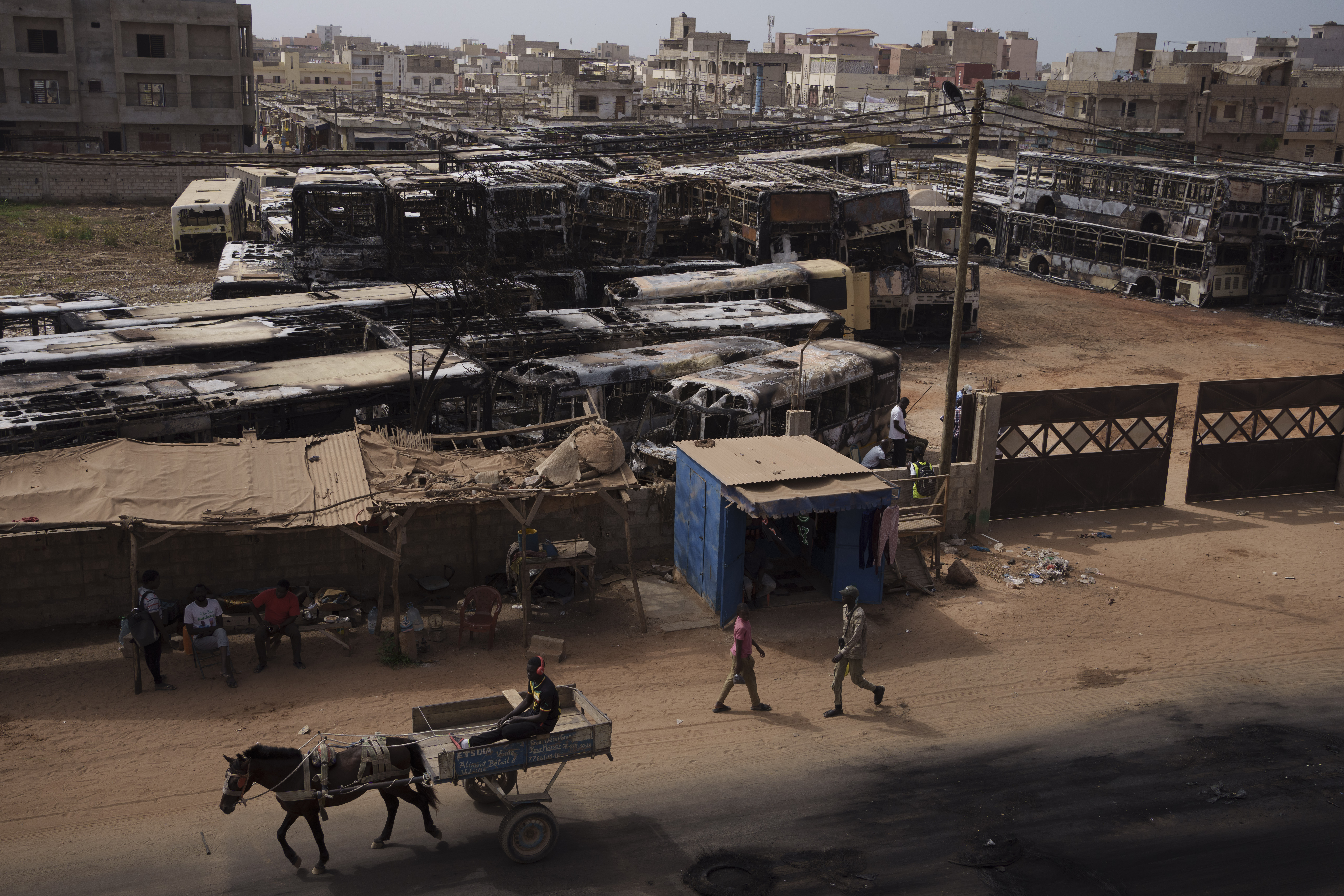 A man drives his horse-drawn cart past burned buses, parked in a lot for out of service vehicles, that were set on fire during protests last night in Keur Massar, Dakar region, Senegal, Tuesday, May 16, 2023. According to the authorities at least three people died, including a police officer who was hit by a police vehicle, in Dakar and Ziguinchor during clashes between security forces and supporters of Senegalese opposition leader Ousmane Sonko. (AP Photo/Leo Correa)