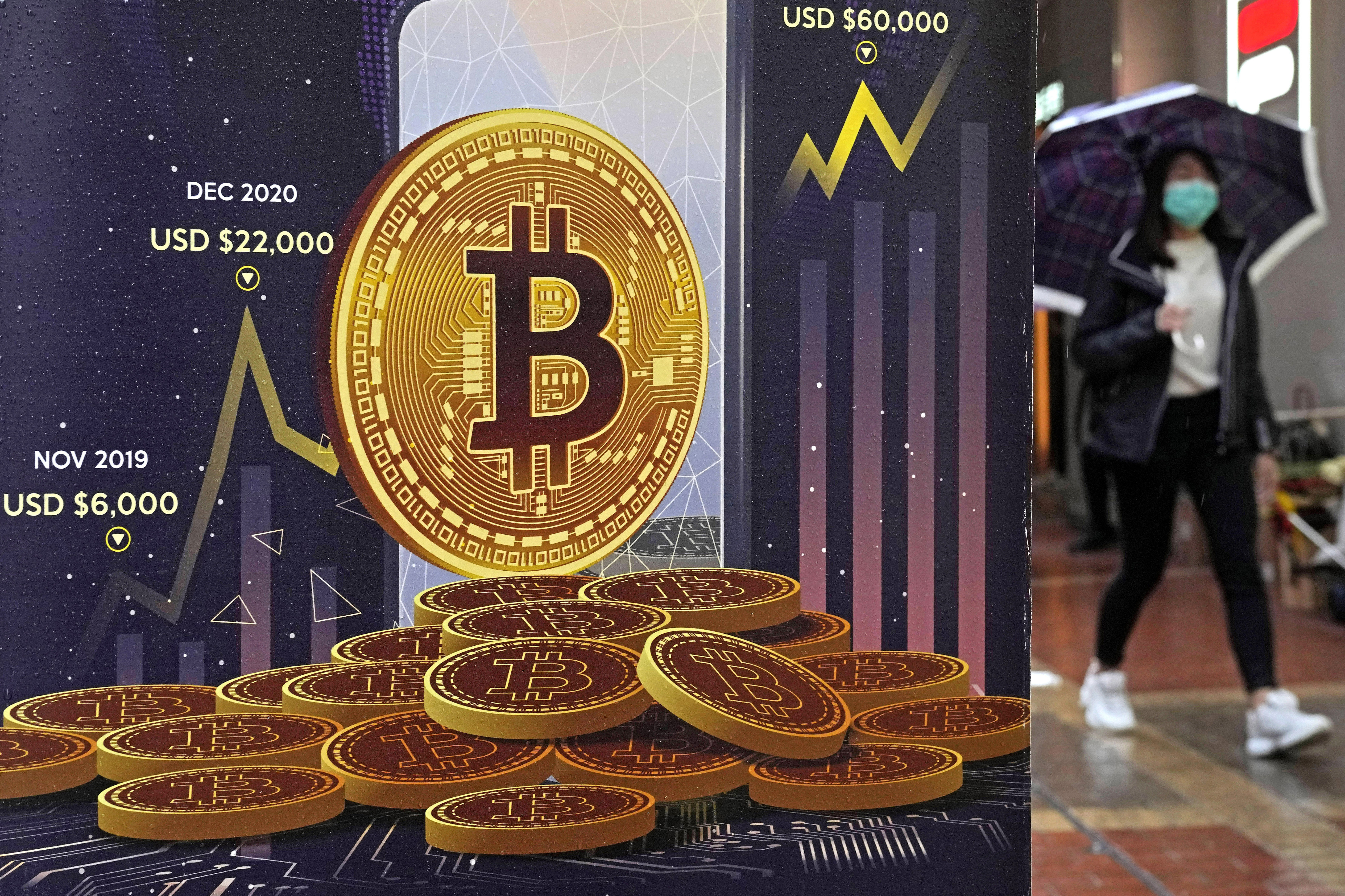 FILE - An advertisement for Bitcoin cryptocurrency is displayed on a street in Hong Kong, on Feb. 17, 2022. The European Union's sweeping set of beefed-up cryptocurrency rules got final approval from member states on Tuesday, giving the bloc a global lead in regulating the freewheeling sector. The European Council adopted the package of rules, known as Markets in Crypto Assets, or MiCA, in the final step in the 27-nation bloc's legislative process. (AP Photo/Kin Cheung, File)