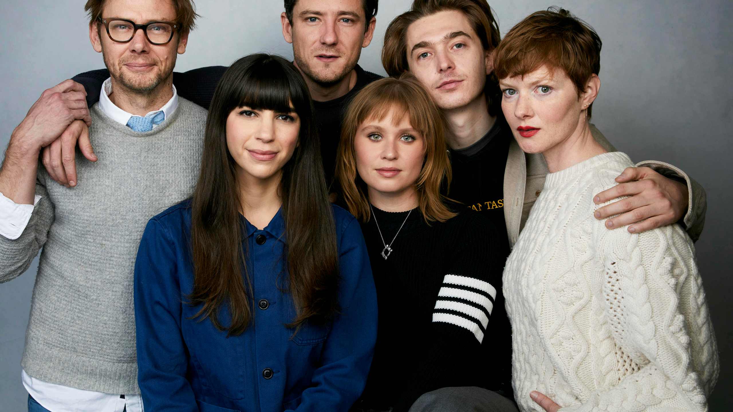 FILE - Jimmi Simpson, back row from left, Lewis Pullman, Austin Abrams, foreground from left, director Laurel Parmet, Eliza Scanlen and Wrenn Schmidt pose for a portrait to promote the film "The Starling Girl" during the Sundance Film Festival in Park City, Utah on Jan. 22, 2023. (Photo by Taylor Jewell/Invision/AP, File)