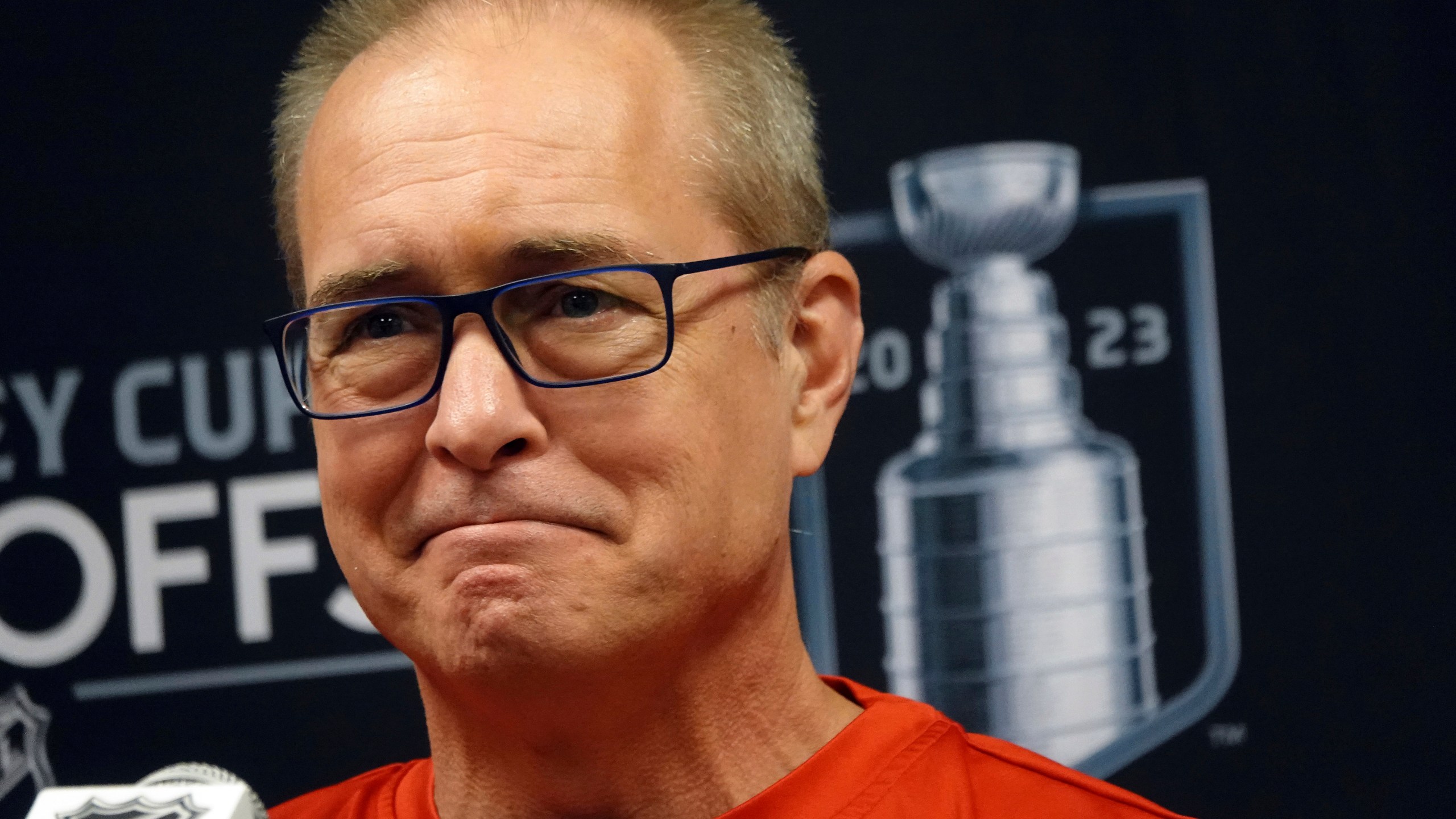 Florida Panthers Head Coach Paul Maurice talks after hockey practice Monday, May 15, 2023 at FLA Live Arena in Sunrise, Fla. The team travels to take on the Carolina Hurricane in a Stanley Cup semi-final series. (Joe Cavaretta/South Florida Sun-Sentinel via AP)