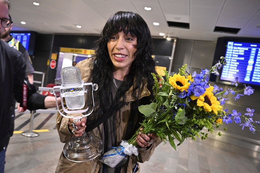 Eurovision Song Contest winner Loreen of Sweden arrives at Arlanda Airport outside Stockholm, Sweden, Tuesday, May 16, 2023. Loreen (Lorine Talhaoui) won the Eurovision final in Liverpool on May 13 with the song 'Tattoo'. (Claudio Bresciani/TT News Agency via AP)