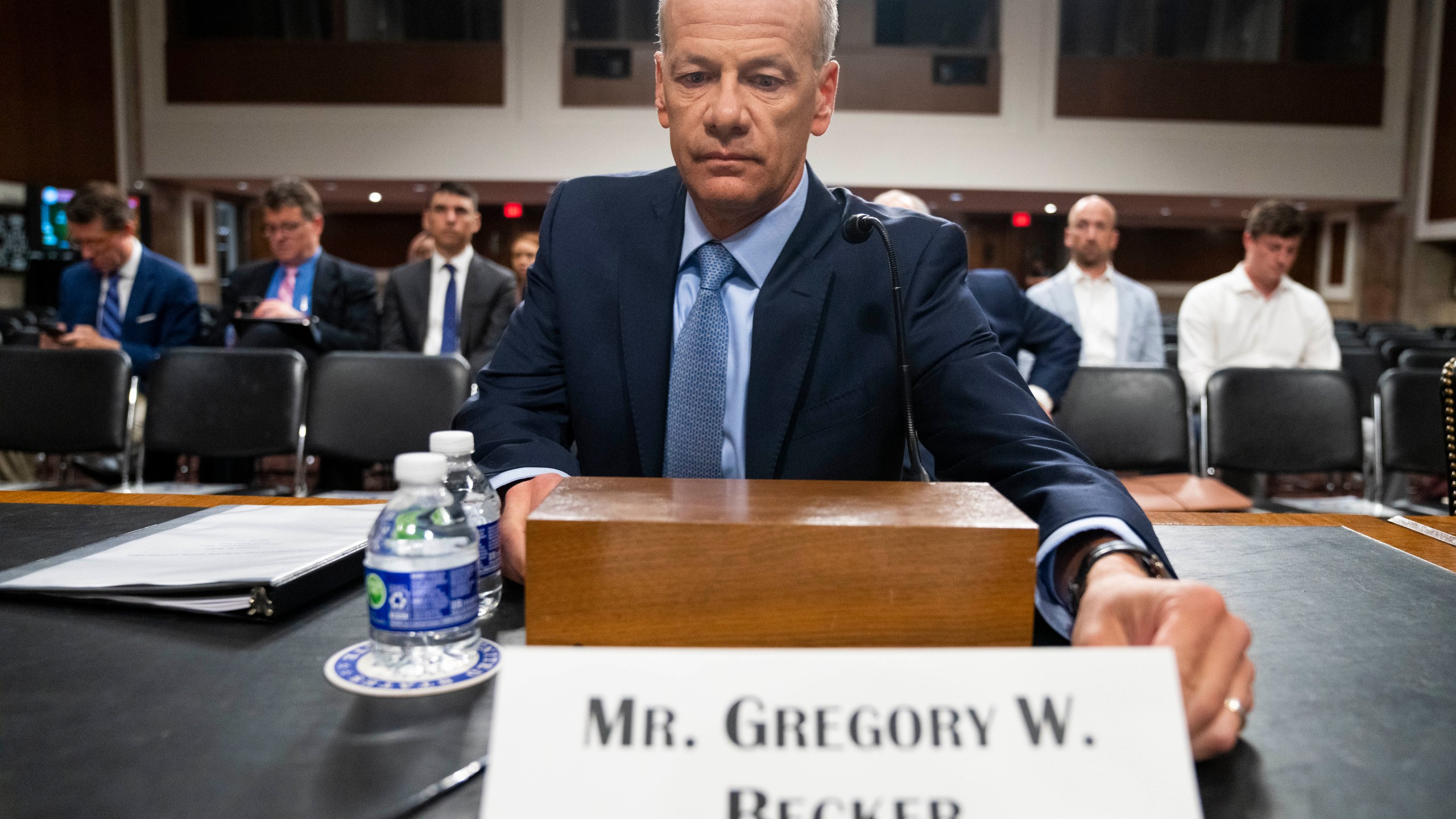 Gregory Becker, former CEO of Silicon Valley Bank, arrives to testify to a Senate Banking, Housing, and Urban Affairs hearing examining the failures of Silicon Valley Bank and Signature Bank, Tuesday, May 16, 2023, on Capitol Hill in Washington. (AP Photo/Jacquelyn Martin)