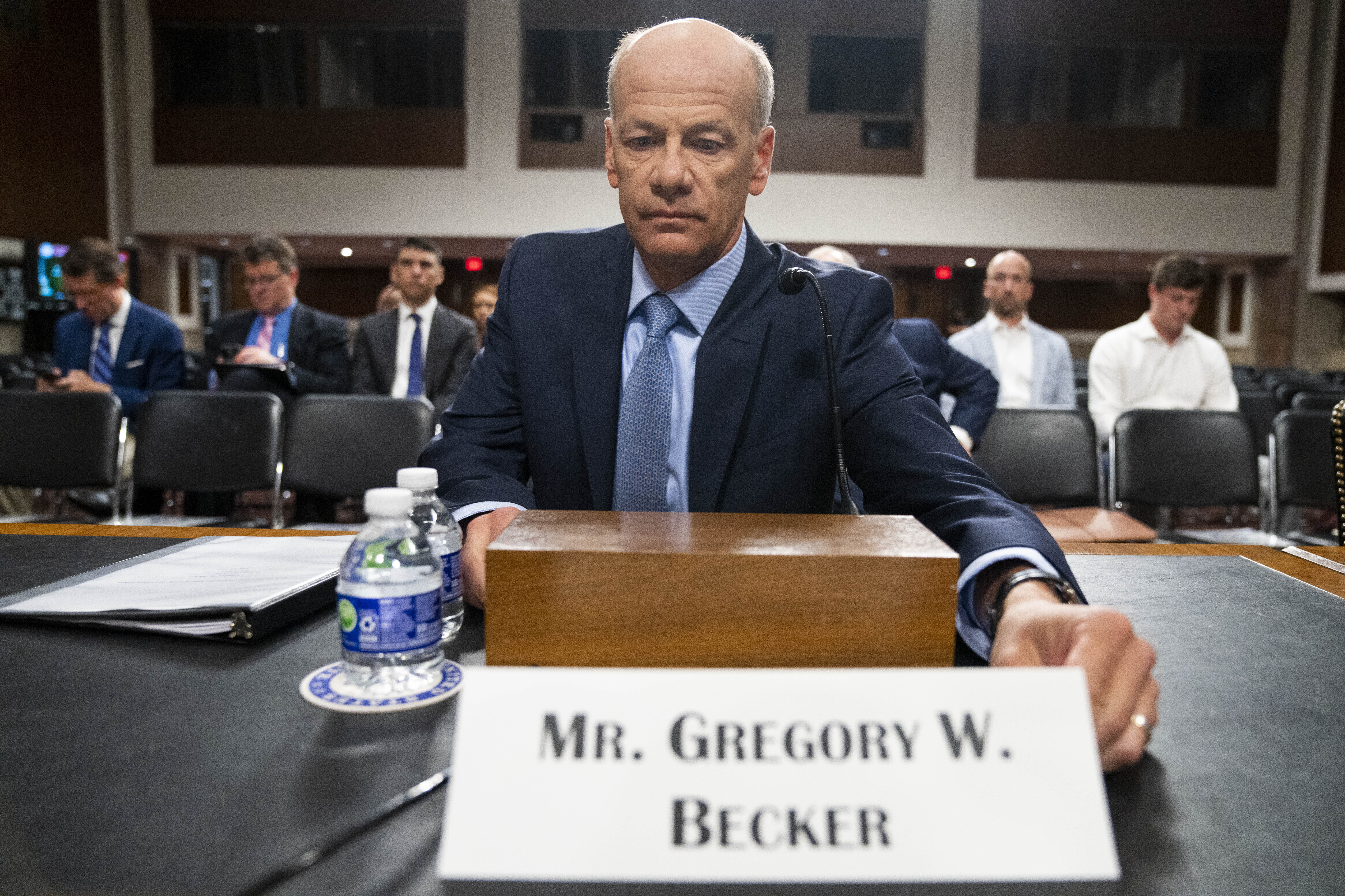 Gregory Becker, former CEO of Silicon Valley Bank, arrives to testify to a Senate Banking, Housing, and Urban Affairs hearing examining the failures of Silicon Valley Bank and Signature Bank, Tuesday, May 16, 2023, on Capitol Hill in Washington. (AP Photo/Jacquelyn Martin)