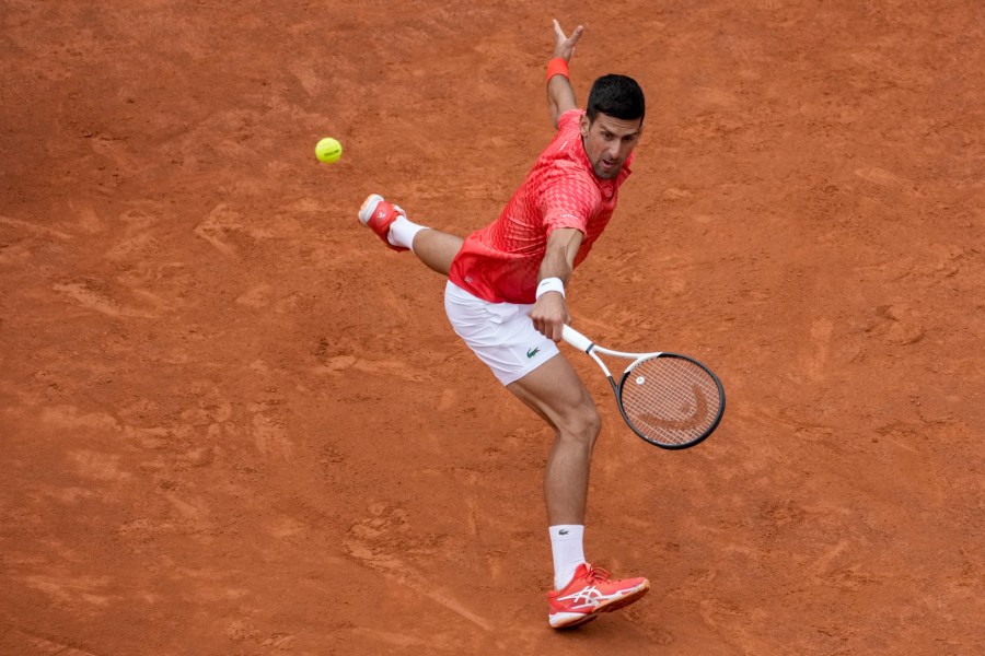 Novak Djokovic of Serbia returns the ball to Cameron Norrie of Britain at the Italian Open tennis tournament, in Rome, Tuesday, May 16, 2023. (AP Photo/Andrew Medichini)