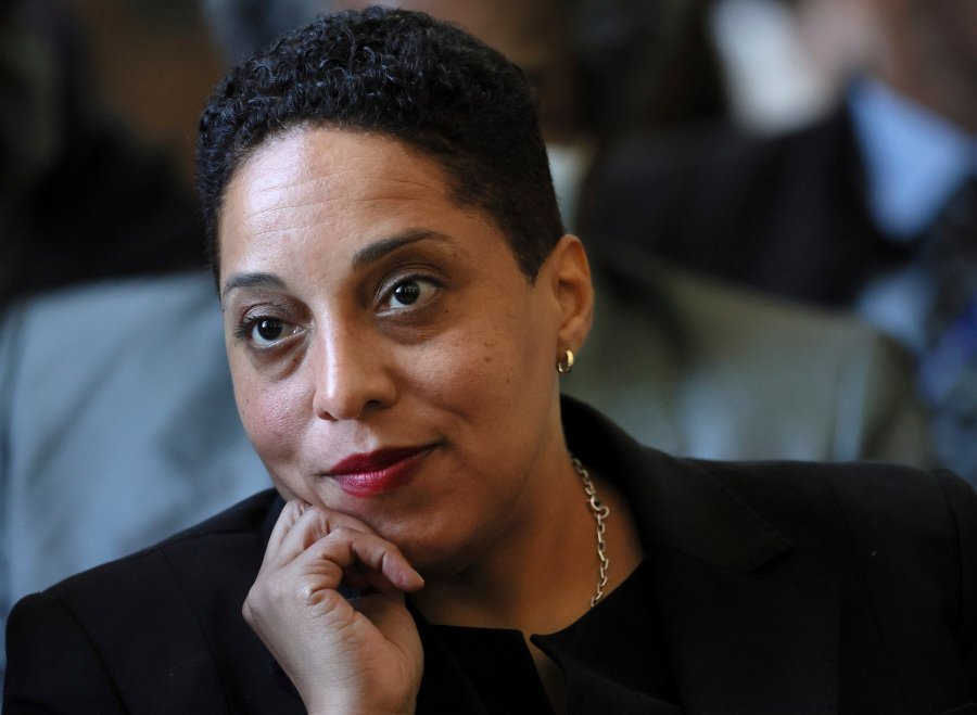 FILE - St. Louis Circuit Attorney Kim Gardner sits behind her attorneys in a courtroom on April 18, 2023, in St. Louis, in the first hearing of a lawsuit by Missouri Attorney General Andrew Bailey seeking to remove Gardner from office. Gardner, who had announced she would resign effective June 1, said Tuesday, May 16, 2023, that she is leaving office immediately, and that the St. Louis County prosecutor will take over until the governor appoints her replacement. (David Carson/St. Louis Post-Dispatch via AP, Pool, File)