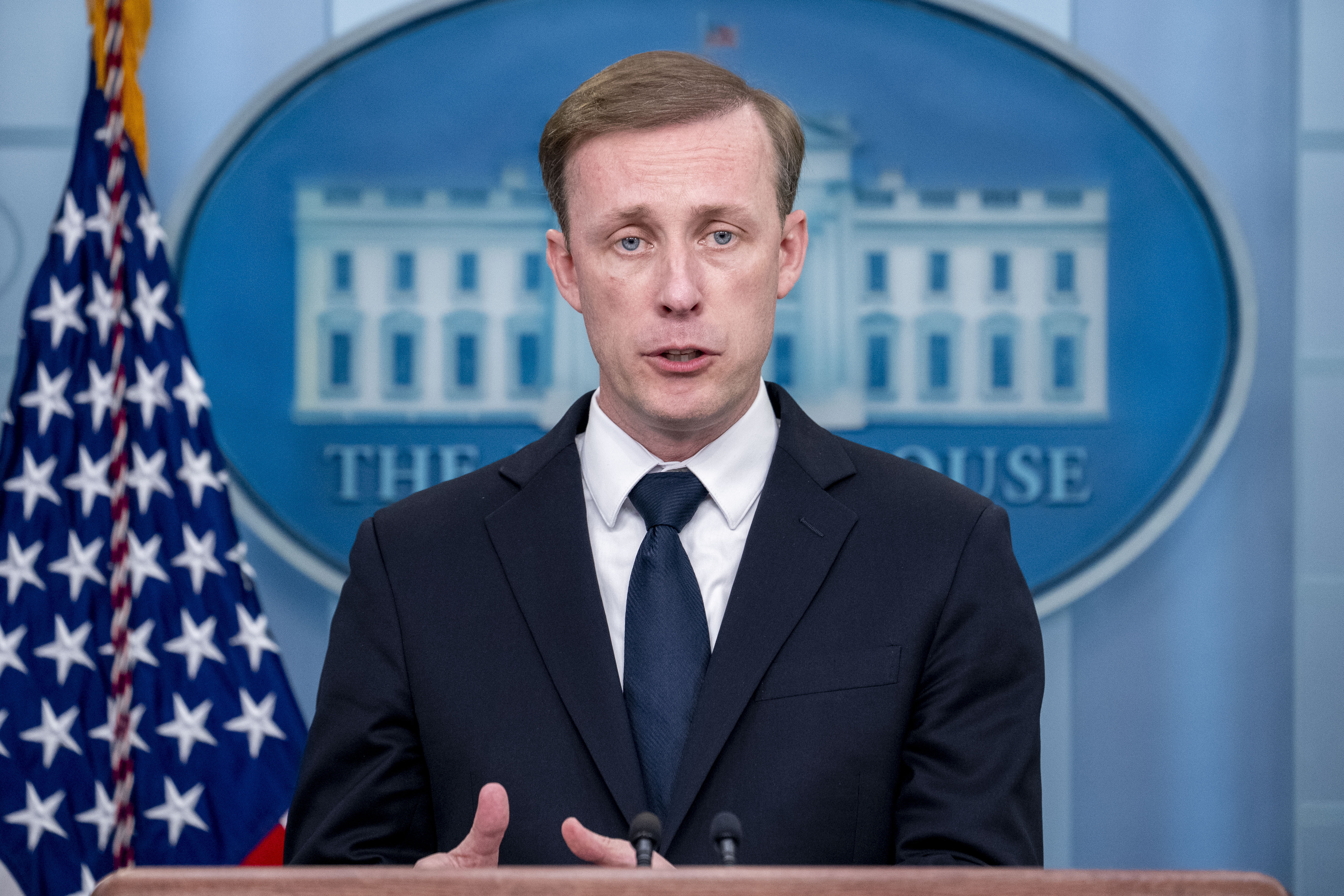 FILE - White House national security adviser Jake Sullivan speaks at a press briefing at the White House in Washington, April 24, 2023. Sullivan and senior Chinese foreign policy adviser Wang Yi held talks in Vienna this week, the latest in a series of small signs that tensions could be easing between the world's two biggest economies. (AP Photo/Andrew Harnik, File)